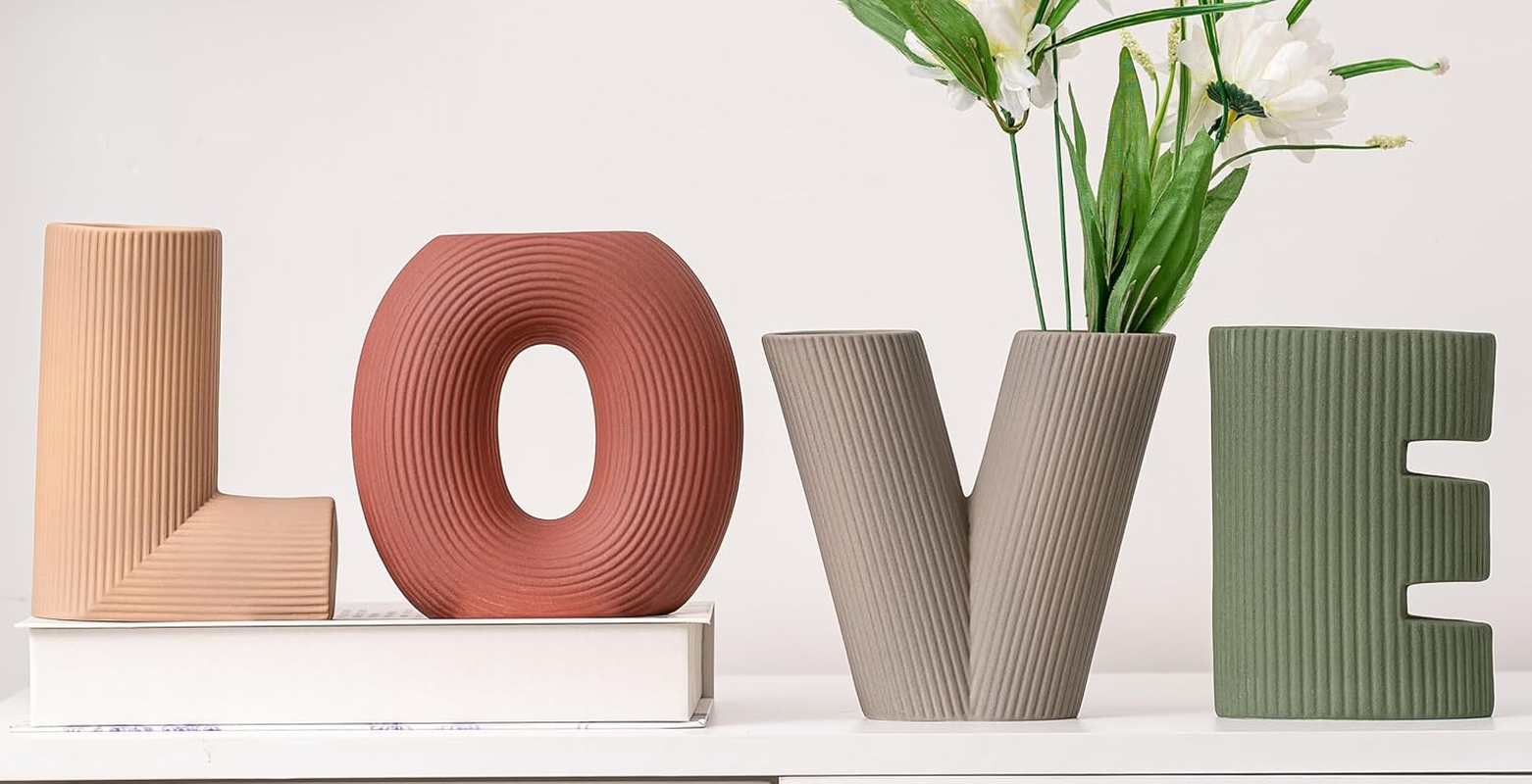 Creative Ceramic Vase Set of 4, Letters Shape Flower Vase, Multicolor Modern Minimalism Home Decor for Living Room, Table Centerpieces(Green/Brown/Burgundy/Khaki) image number 1