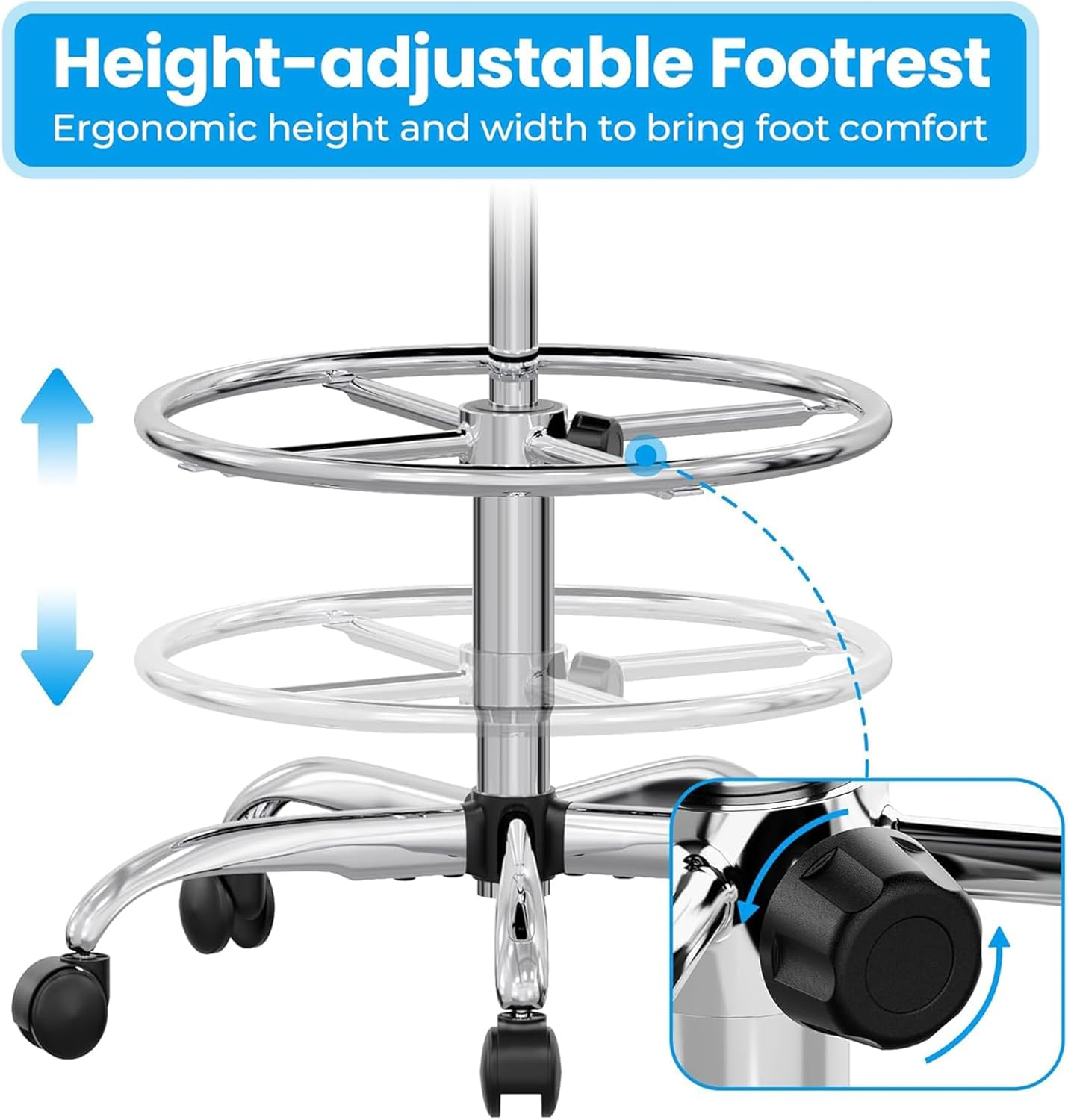 Drafting Chair with Backrest, Adjustable Footrest Rolling Stool with Wheels, Swivel Stool for Office Spa Studio Lab Counter Salon Work, Black 60 * 60 * 113Cm image number 6