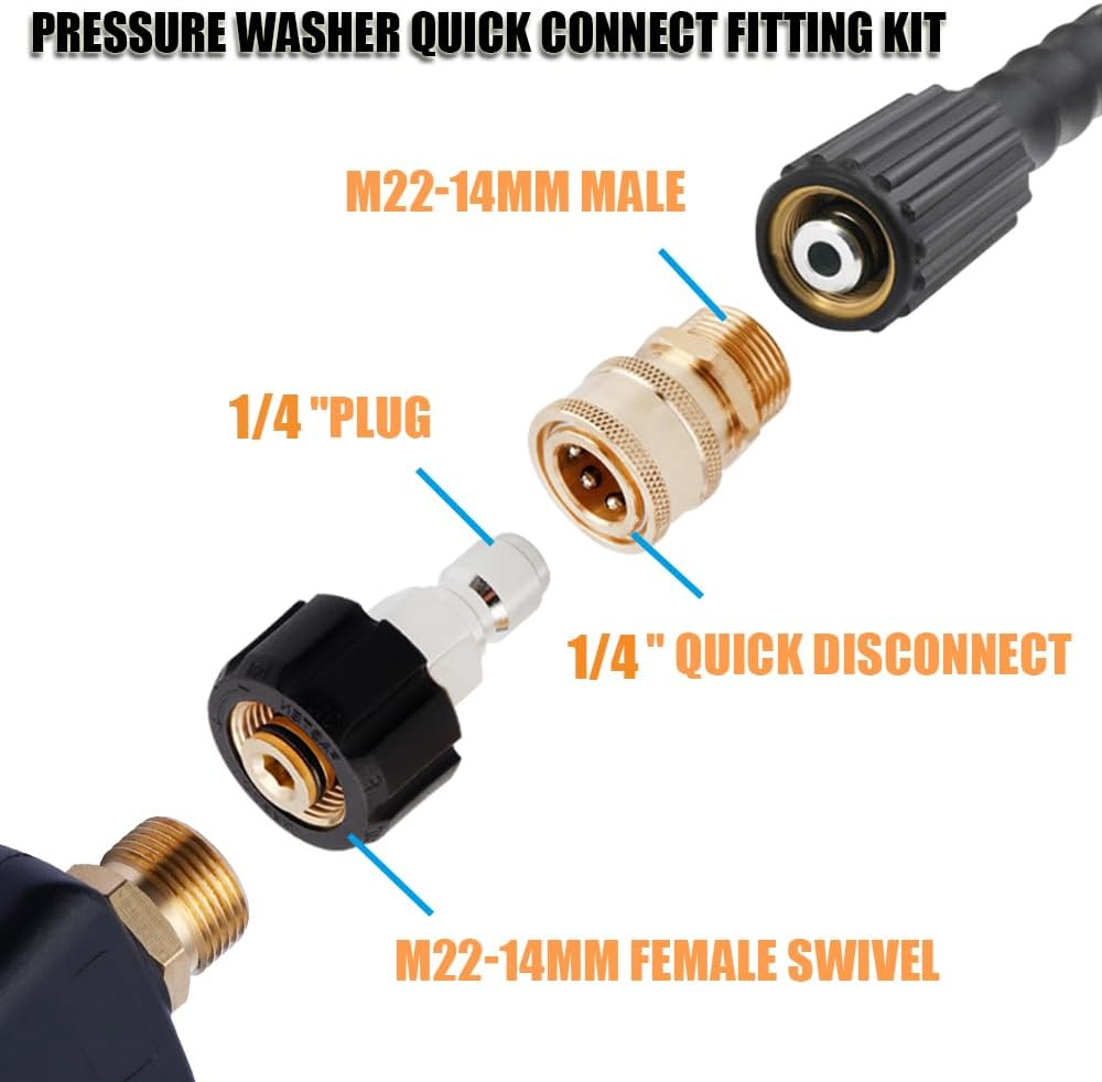 Yakamoz Pressure Washer Quick Connect Fittings, Quick Disconnect Kit, M22 Metric Male Tread Quick Connector, M22 Swivel to 1/4 Inch Quick Connect,4500Psi image number 4