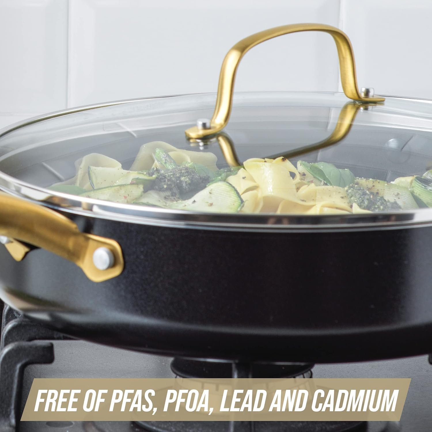 Blue Diamond Gold 4-Quart Saut&eacute; Pan with Lid, Ceramic Nonstick, PFOA- Free, Induction Suitable, Dishwasher Safe, Gold Handle, Black image number 6