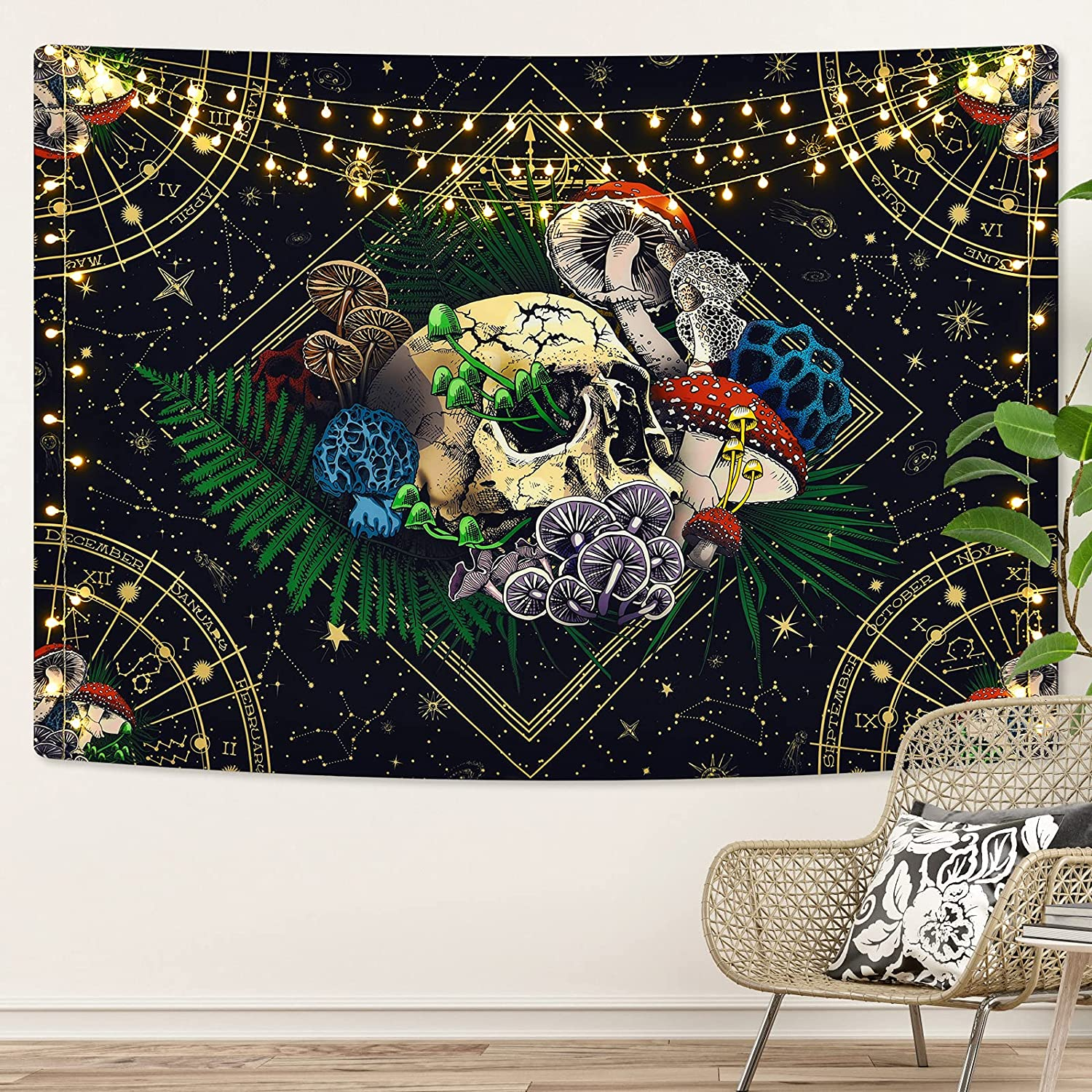 Livole Skull Tapestry Colorful Plants Tapestry Constellation Tapestry Black Starry Tapestry Trippy Tarot Tapestry Wall Hanging for Room(59.1 X 59.1 Inches) image number 1