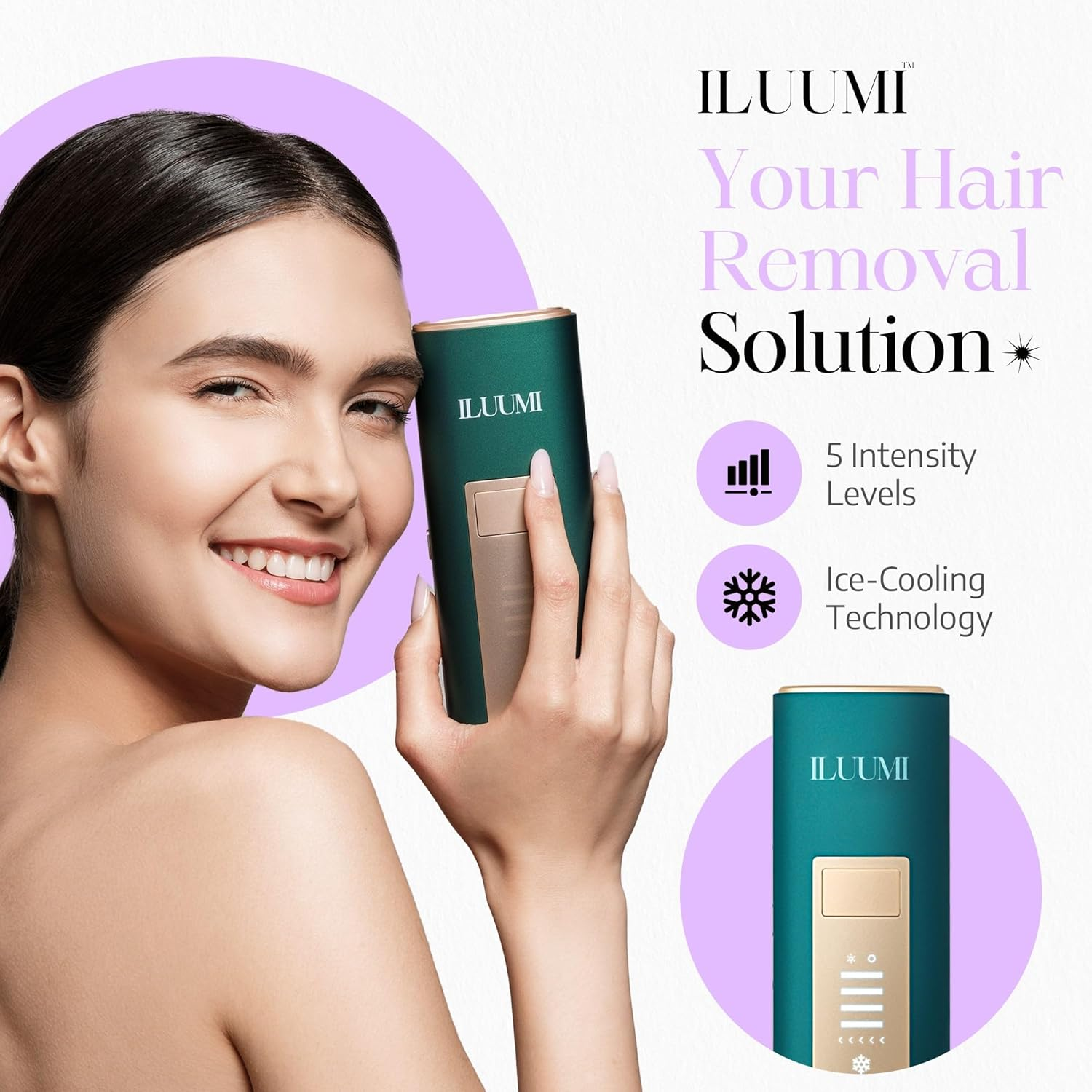 ILUUMI IPL Hair Removal Device for Face and Body, Permanent Hair Reduction for Women and Men, with 5 Intensity Levels and Ice-Cooling Technology, In-Home Use (Dark Green) - White image number 7