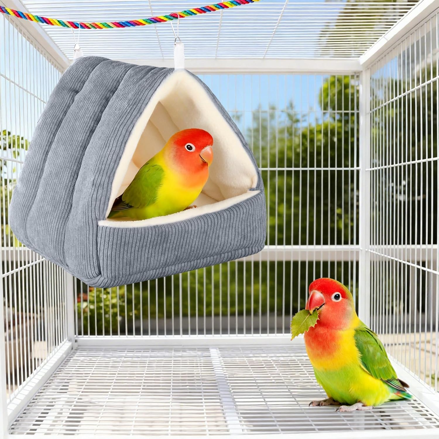 Hoopttay Medium Winter Warm Bird House and Bird Bed for Cage with Soft Plush Hanging Hammock & Hut Tent, Hideaway Sleeping Nest for Budgies, Parakeets, Cockatiels (Grey, M) image number 7