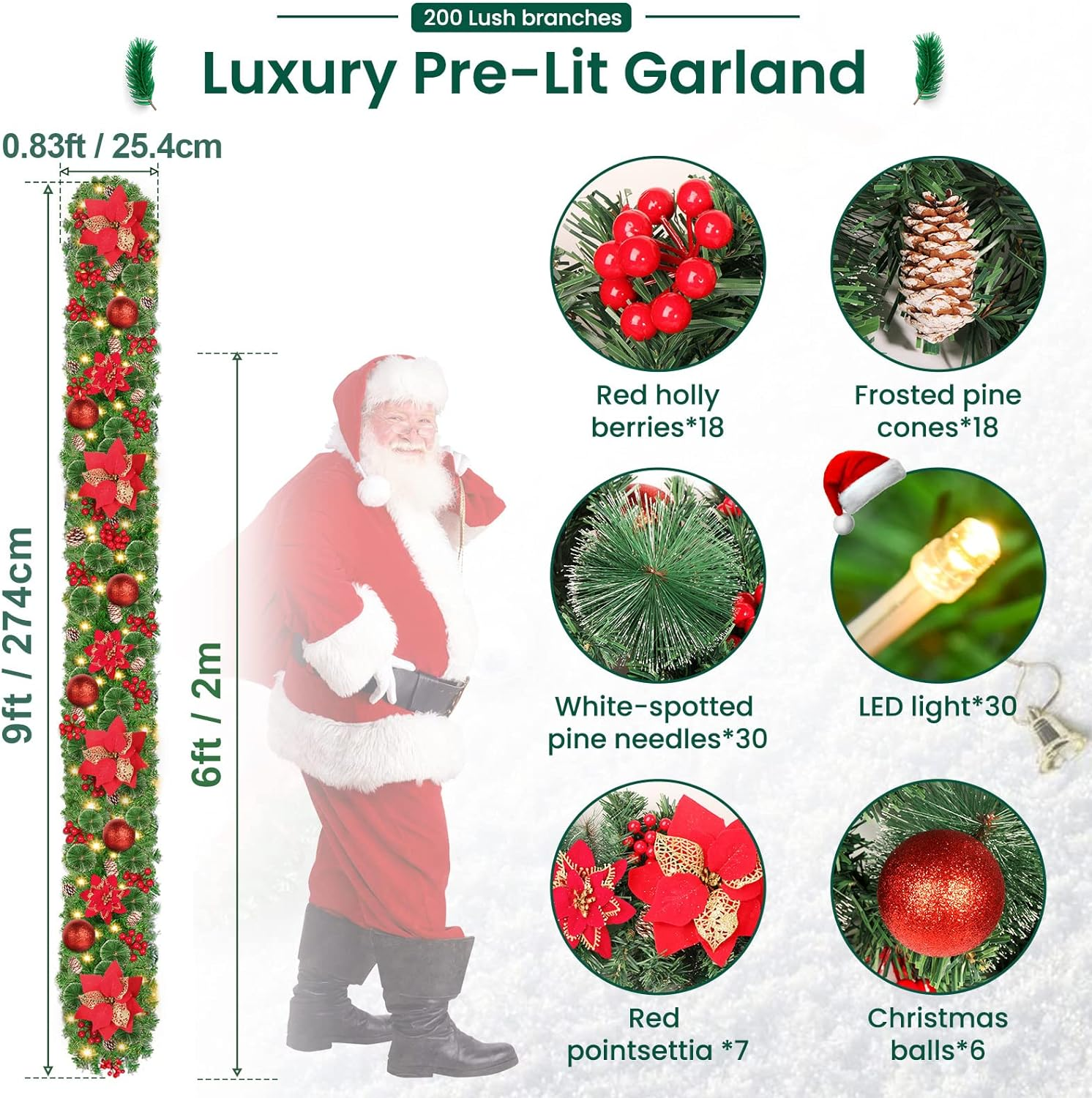 9Ft Christmas Garland with 30 Leds, Artificial Indoor/Outdoor Decorations, PVC & Rattan Material, Red Color, Perfect for Trees, Fireplace, Doors & More image number 4