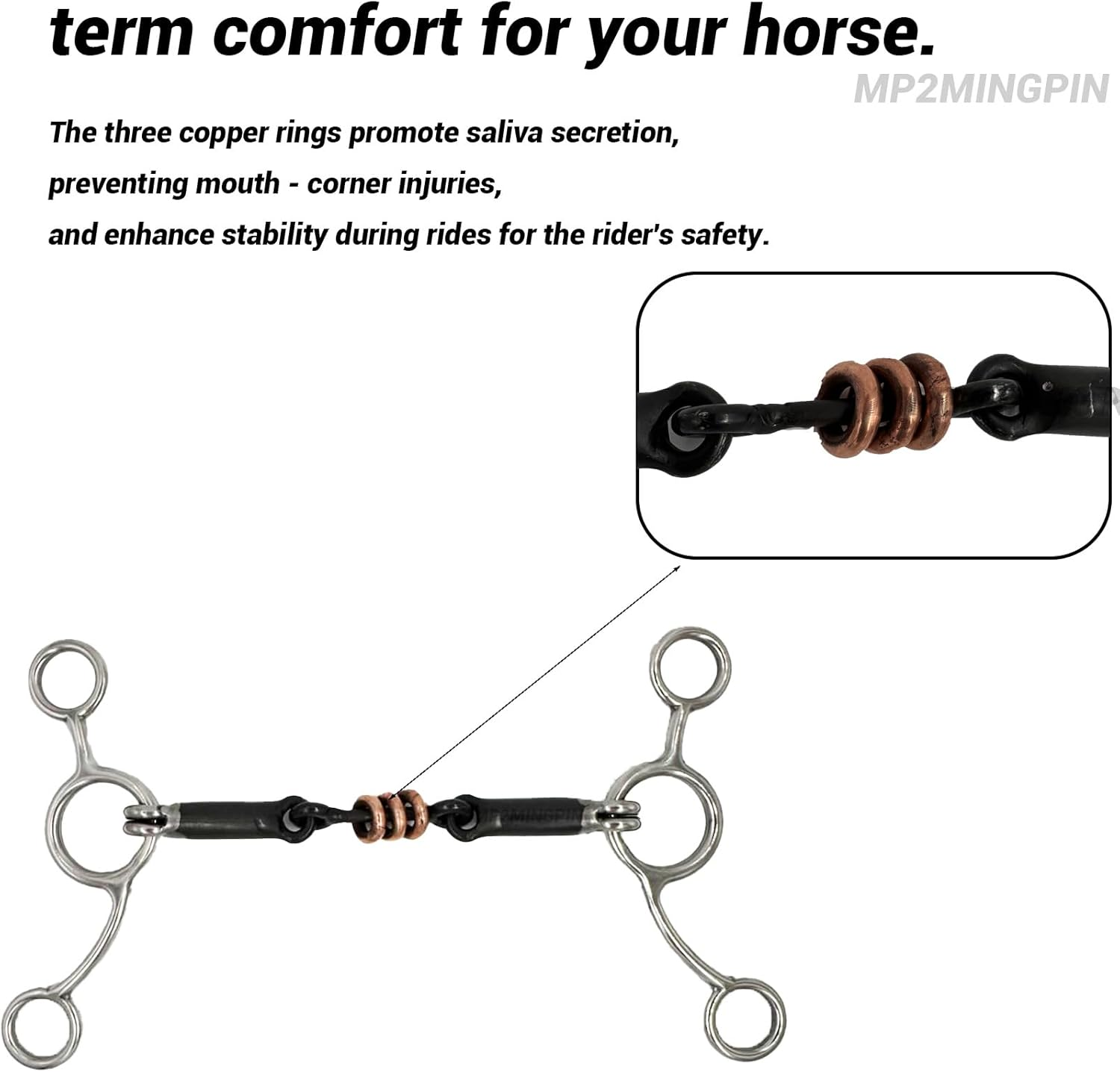 MP2MINGPIN Double-Jointed Bit Stainless Steel Snaffle Bits for Horses with Three Brass Rings,Durable and Comfortable Horse Bit for Riding Enthusiasts and Trainers image number 2