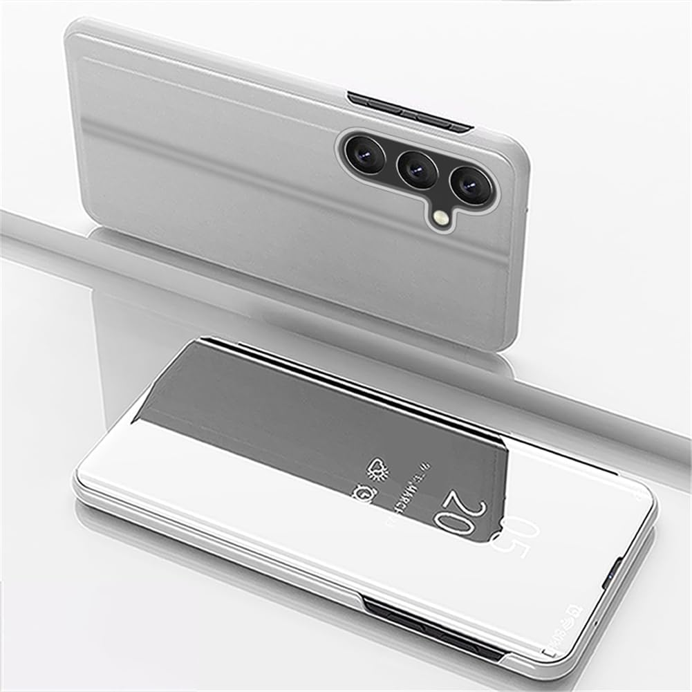 IMEIKONST Case for Samsung Galaxy S25 FE, Book Style Mobile Phone Case Mirror Stand Function 360 Degree Shockproof Protective Leather Case Foldable for Samsung S25 FE. Flip Mirror Silver QH image number 3