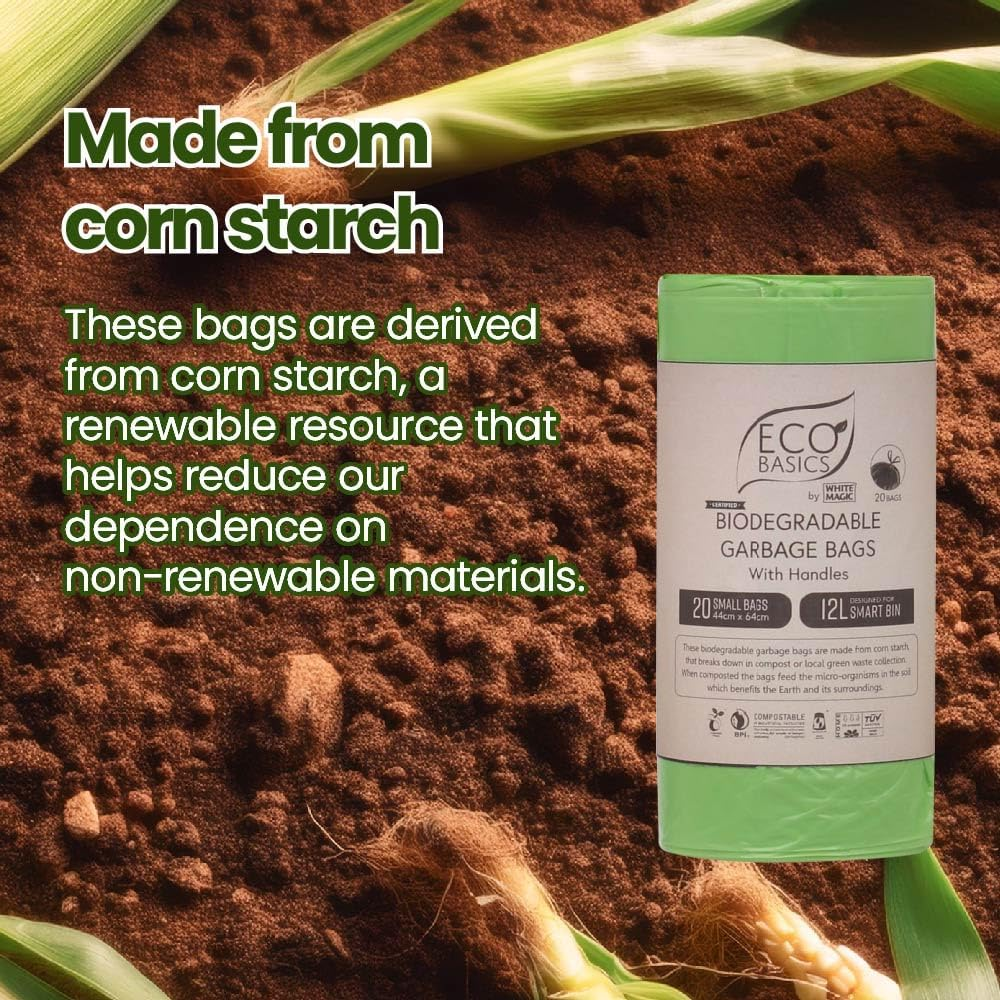 Eco Basics Biodegradable Garbage Bags with Handles &ndash; Small, 20 Bags, 12L, 44 X 64Cm, Strong & Compostable Corn Starch Bags