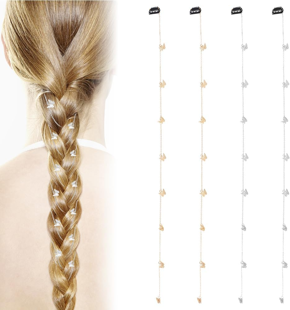 HOBBIESAY 2 Pairs 2 Colours Alloy Butterfly Braided Hair Chain Gold and Silver Butterfly Long Hair Links Long Tassel Weave Headbands Glitter Hair Extensions image number 2