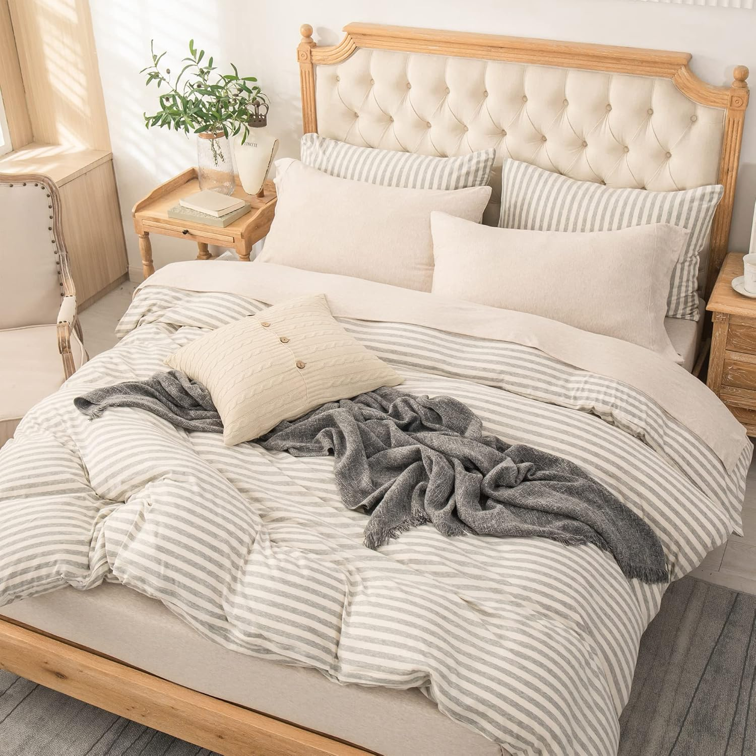 PURE ERA Jersey Knit 4Pc Bed Sheet Set 100% T-Shirt Heather Cotton Super Soft Comfy Breathable Fits Mattress up to 20" Extra Deep Pocket (Heather Beige, Queen) image number 6