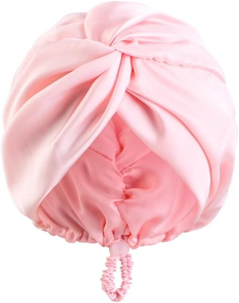 Silk Shower Cap for Sleeping Women 1PC Adjustable Silk Satin Hair Bonnet Double Layer Hair Wrap Sleep Cap Night Turban Soft Shower Cap Curly for Sleep for Long Curly Unisex (Pink, One Size) image number 1
