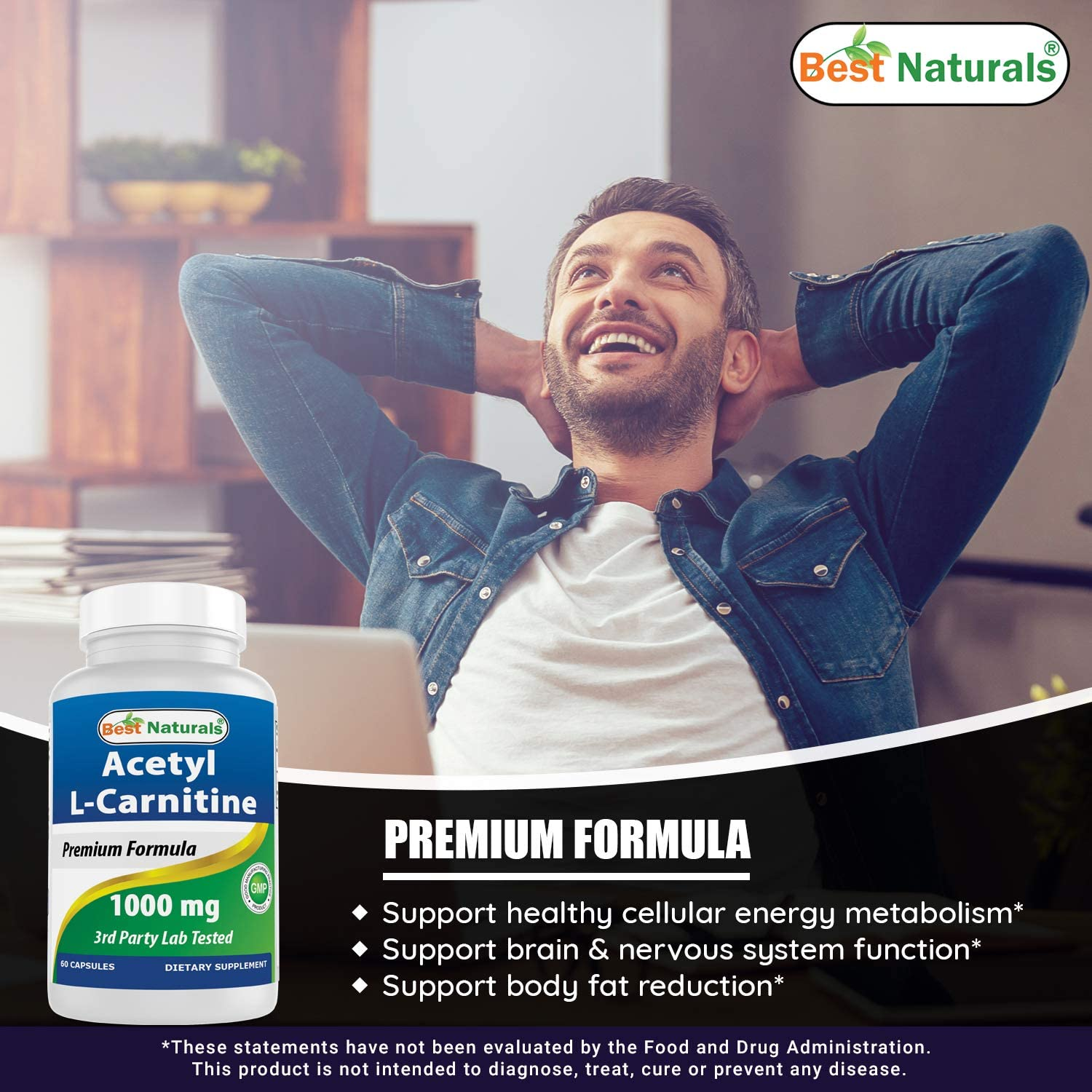 Best Naturals Acetyl L-Carnitine 1000 Mg 60 Capsules (60 Count (Pack of 2)) image number 5