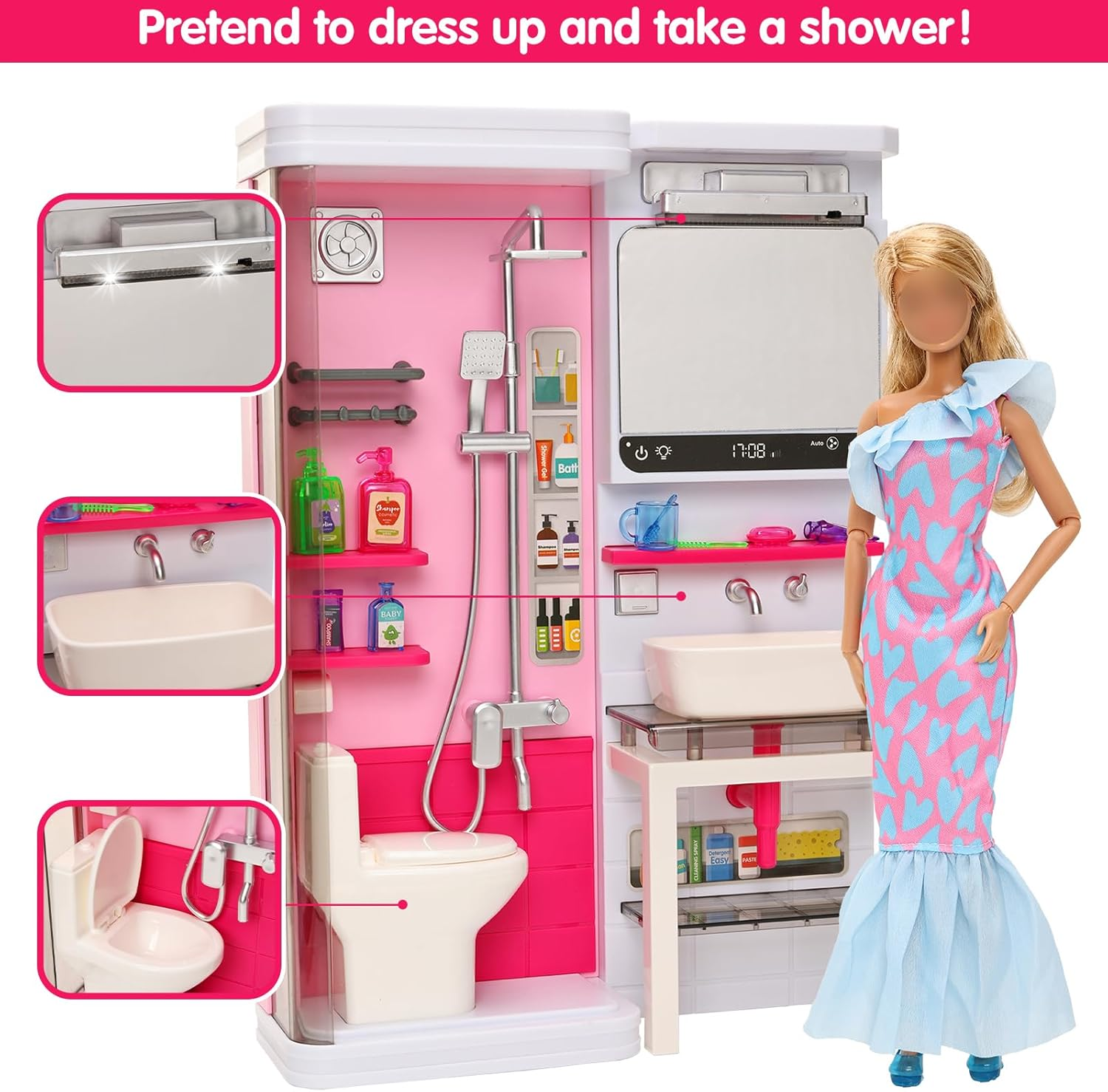 Barwa Mini Bathroom Playset, Dressing Table Toy Set, Toilet Accessories, Head Hair Stylist Toy Kit, Fashion Gown Dress Bathrobe Pajamas, Pretend Role Play Toys for Boys Girls