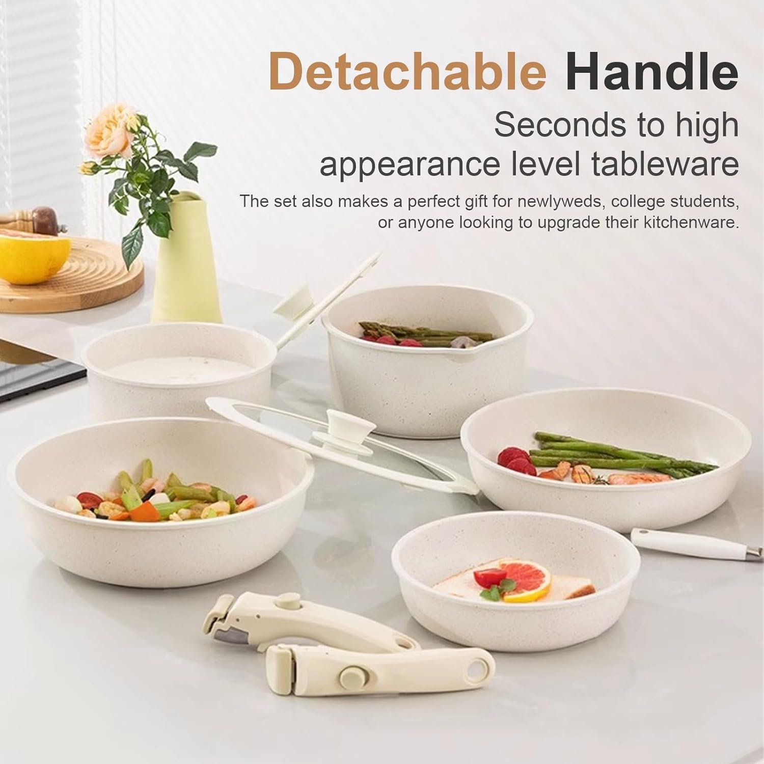 20 Pcs Pots and Pans Set Non Stick, Ceramic Cookware Set Detachable Handle, RV Kitchen Cooking Set Removable Handles, Stackable Non-Stick Pots Set for All Stoves and Oven Safe, Cream White image number 5