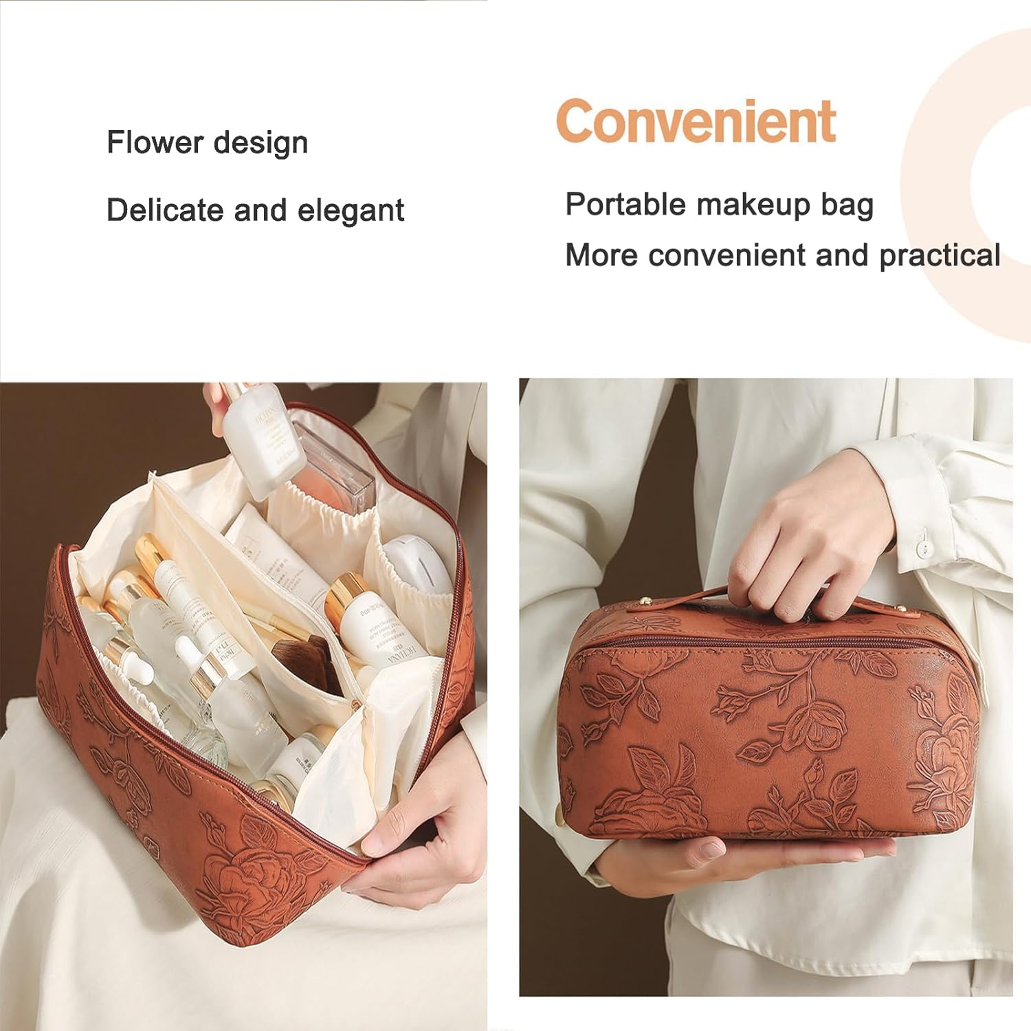 Travel Makeup Bags Cosmetic Organizer Bag,Large Capacity PU Leather Toiletry Bag for Women - Wide Open Portable Pouch with Divider & Handle (Black) - Black image number 6