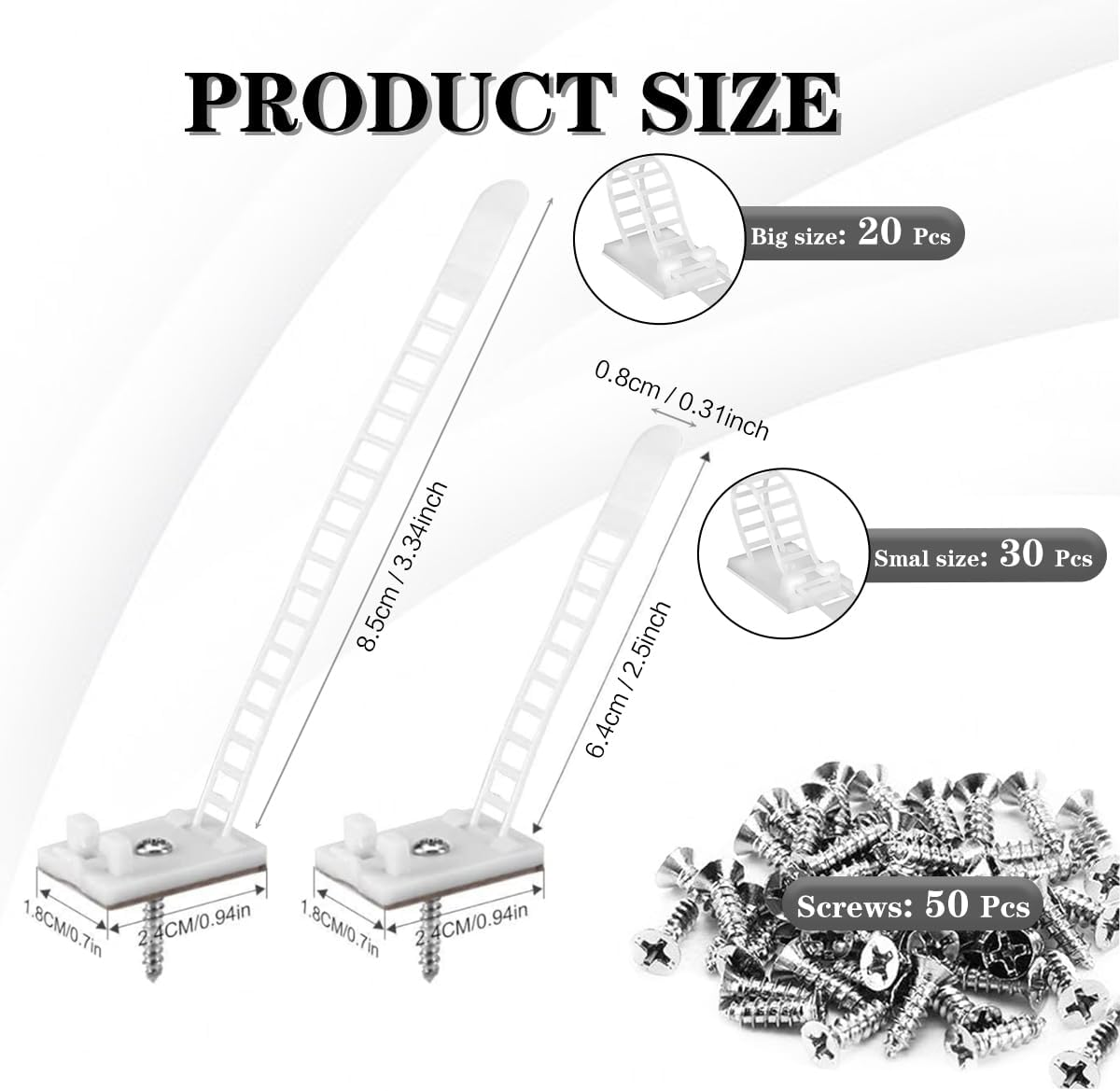 Reusable Adhesive Cable Management, 50 Set (2 Size) Cable Ties Adhesive Mounts, Multi-Purpose Cable Tidy Clips, Adjustable Cable Zip Ties, Cord Holders for Home and Office Desk Organization - White image number 4