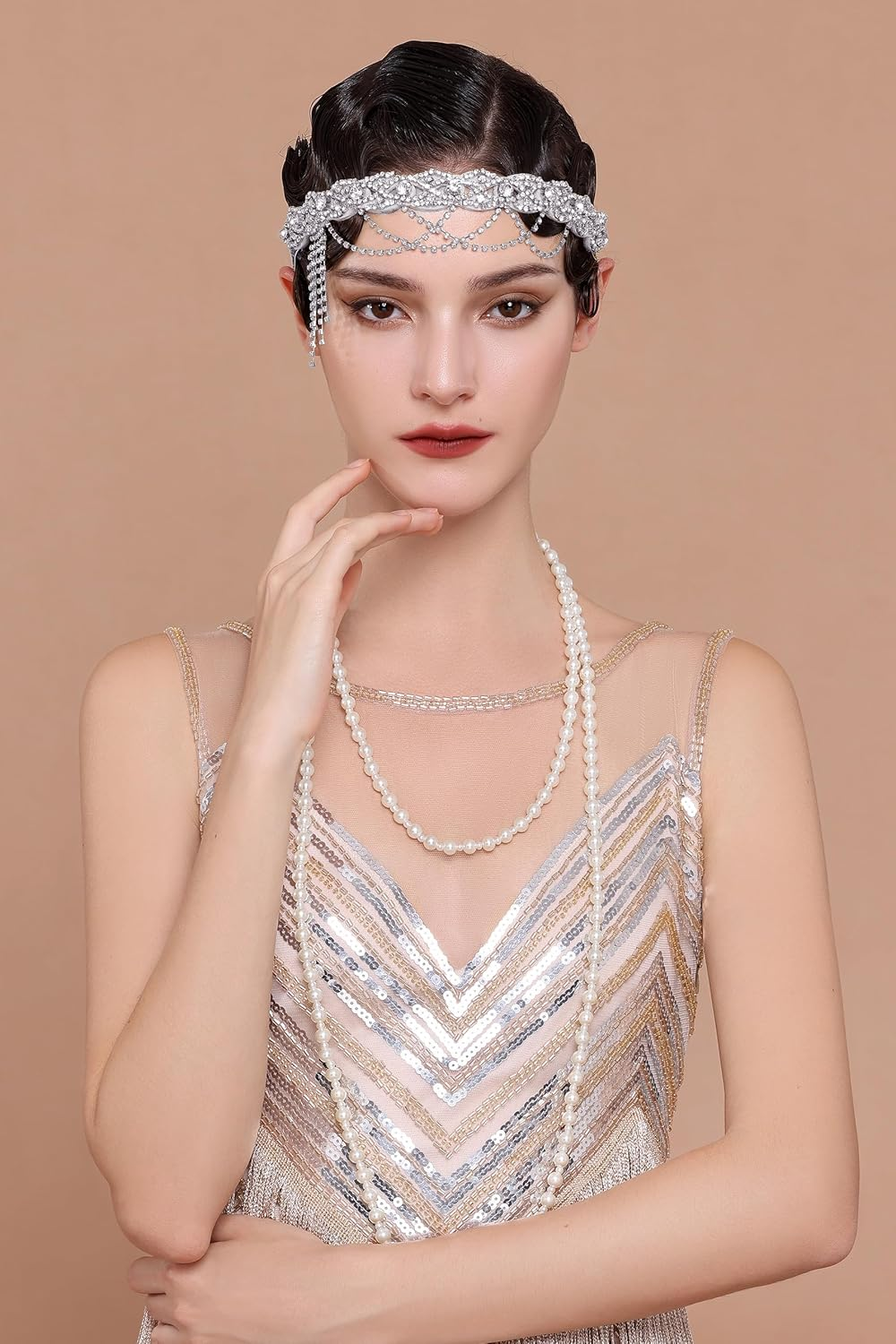 BABEYOND Flapper 1920S Gatsby Headband -20S Vintage Rhinestone Hair Accessories Wedding Prom Hair Chain Headpices for Women Silver image number 5