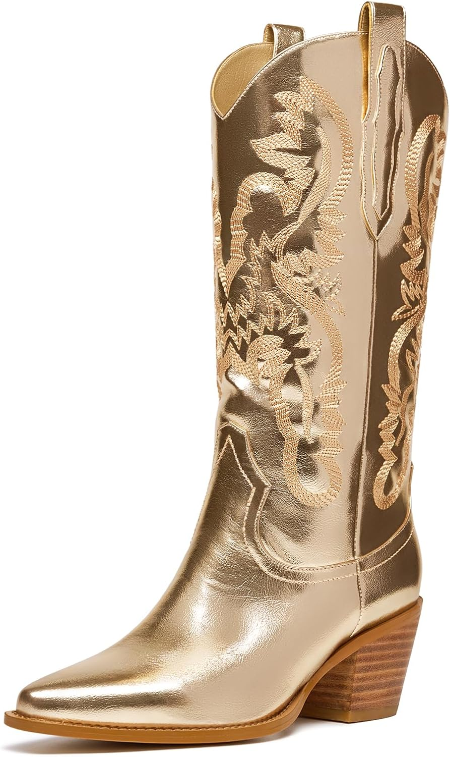 Driceic Glitter Wide Calf Metallic Embroidered Cowboy Boots for Women Sparkly Mid Calf Chunky Heel Pull on Pointy Toe Western Cowgirl Boots Fashion Vintage Short Booteis for Girl