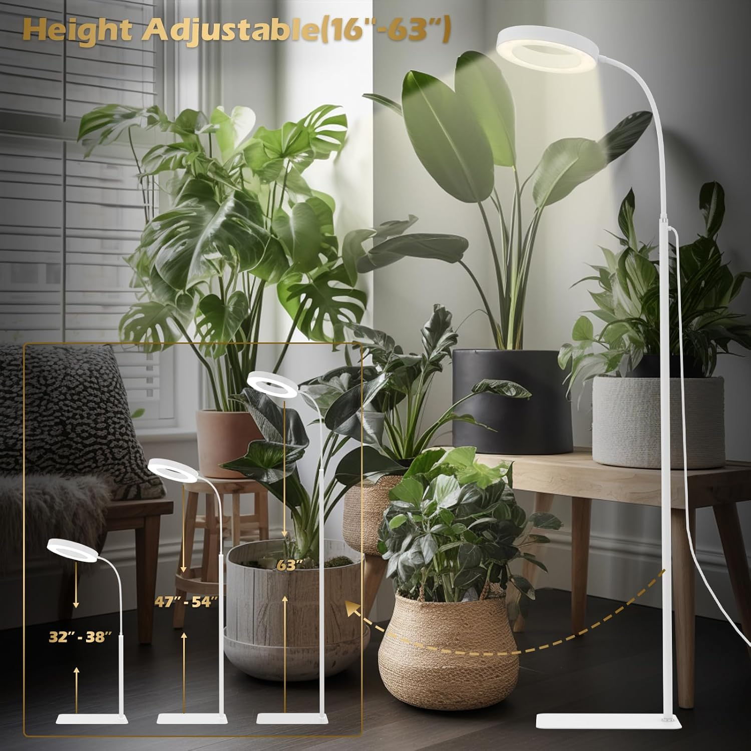 GLOWRIUM Grow Lights for Indoor Plants, 20W Full Spectrum LED Grow Floor Lamp with Stand Adjustable Height and Angle, White Plant Light with 3/9/12H Grow Light Timer image number 6