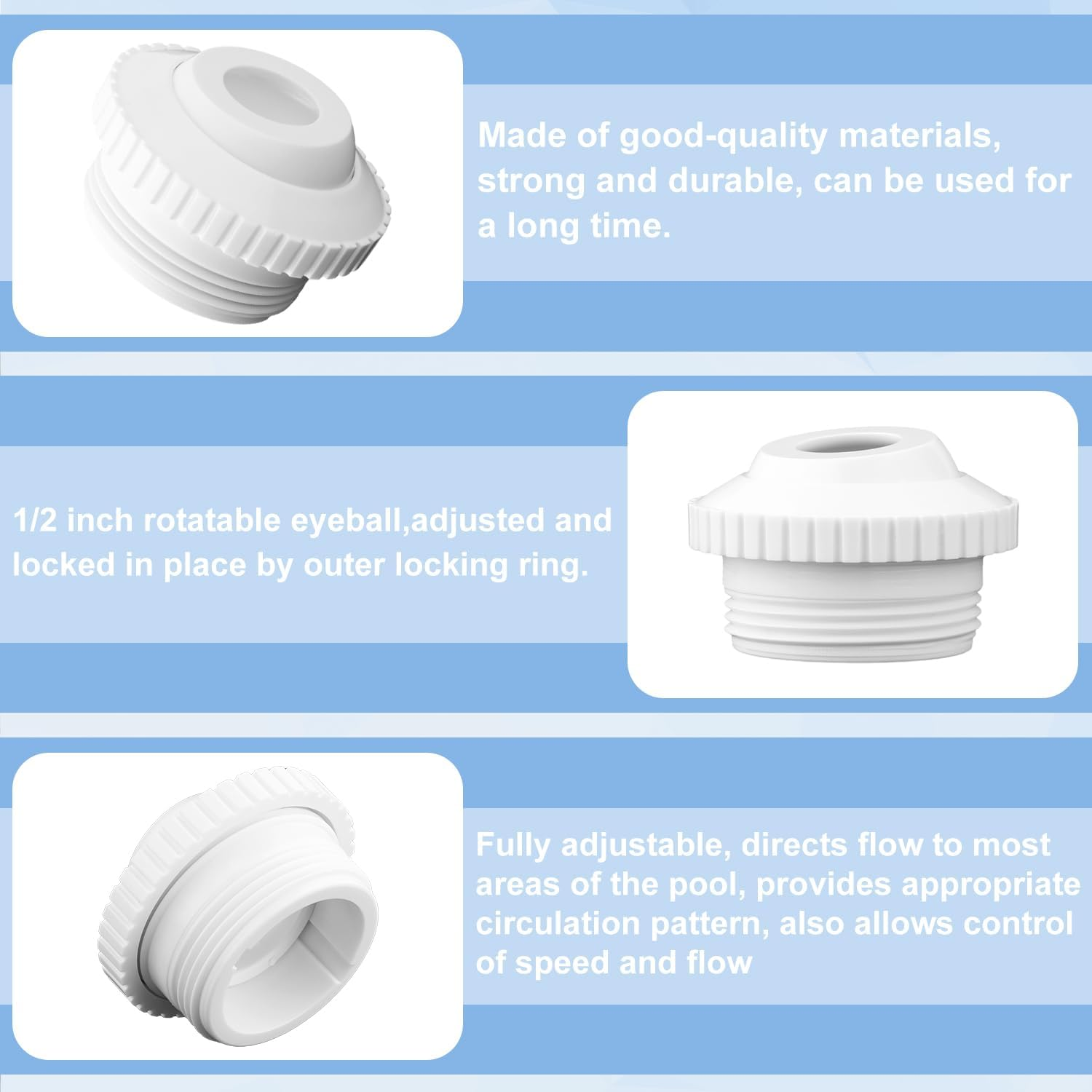 3Pcs Swimming Pool Return Jet, 3/4" Pool & Spa Replacement Parts with Adjustable 1/2" Swivel Eye Directional Flow Inlet Pool Jet Nozzles White Smooth Pool Return Fittings image number 1