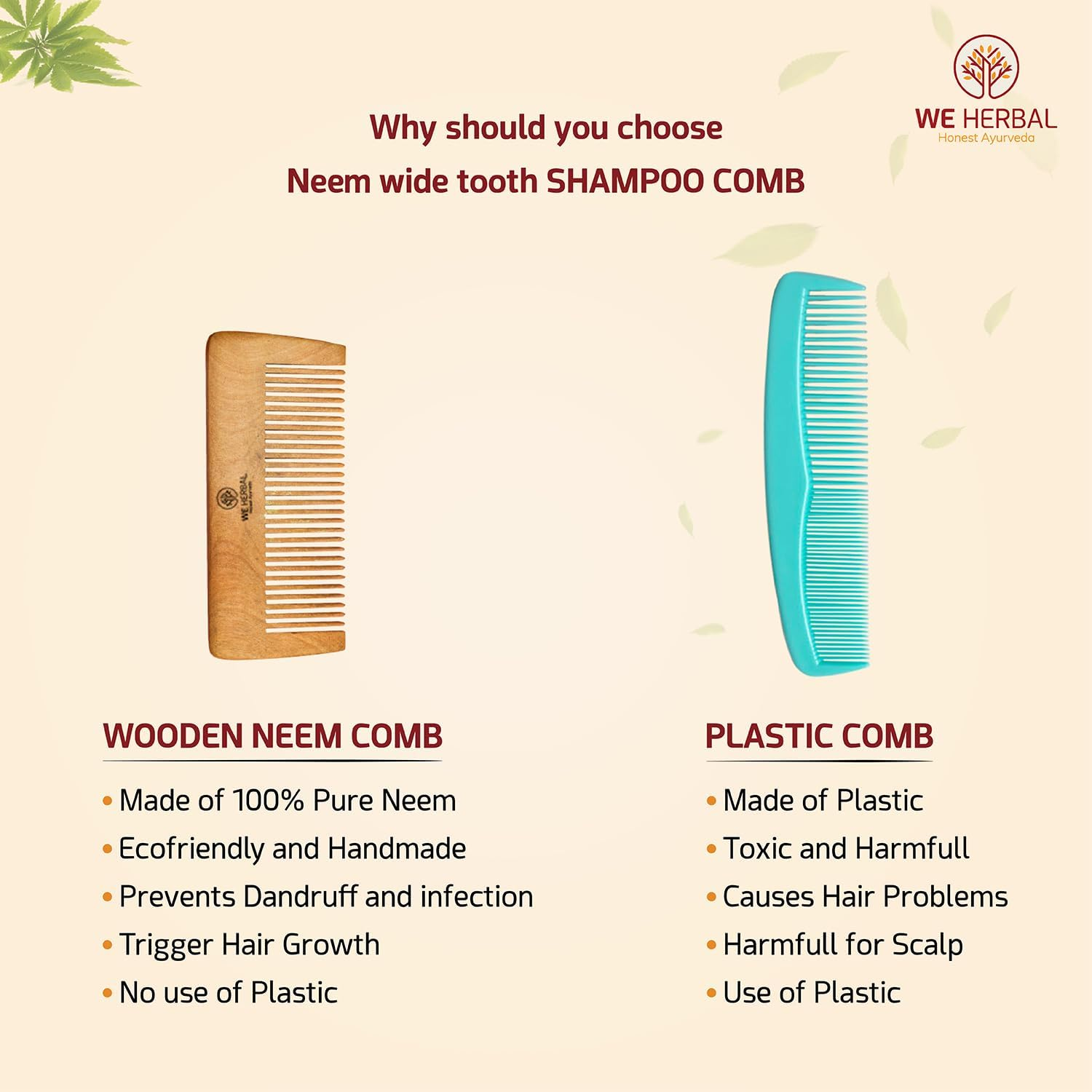 Neem Wood Shampoo Comb | Natural Anti-Static Hair Comb | Handcrafted Wooden Comb for Healthy Hair and Scalp image number 2