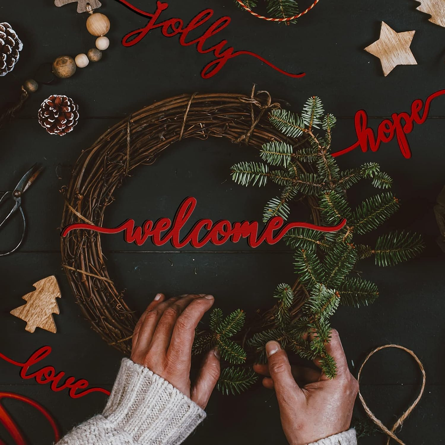 BORAMDO Christmas Letter Wall Sign Decor 12Pcs, Wooden Words Cutouts for Home Decorations, Table Plate Rustic Ornaments, Blessed Joyful Believe Welcome Merry Christmas Red Signs image number 5