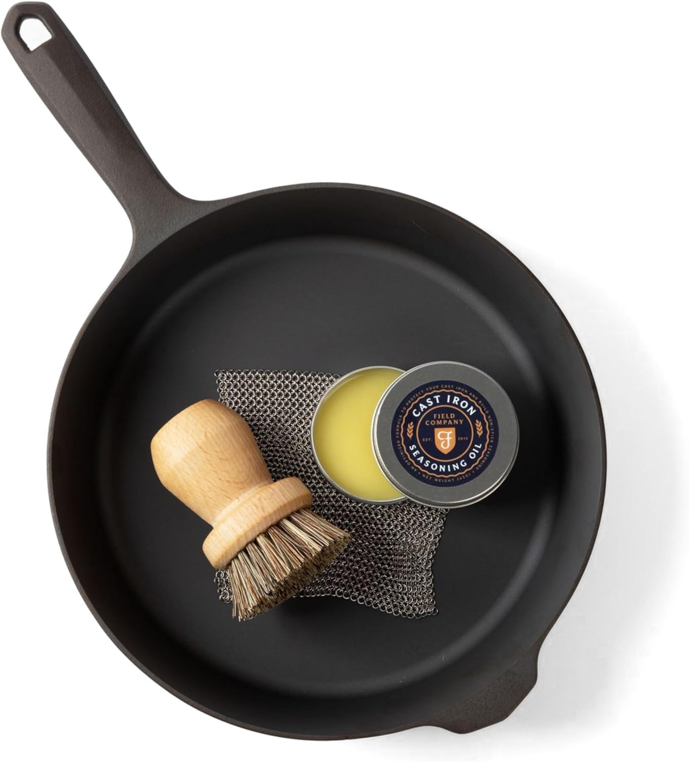 Field Company Starter Set: No.8 Cast Iron Skillet (10.25 In, 4.5 Lbs) with Cast Iron Cleaning Kit &mdash; Smoother, Lighter, Made in USA, Vintage Design, Pre-Seasoned