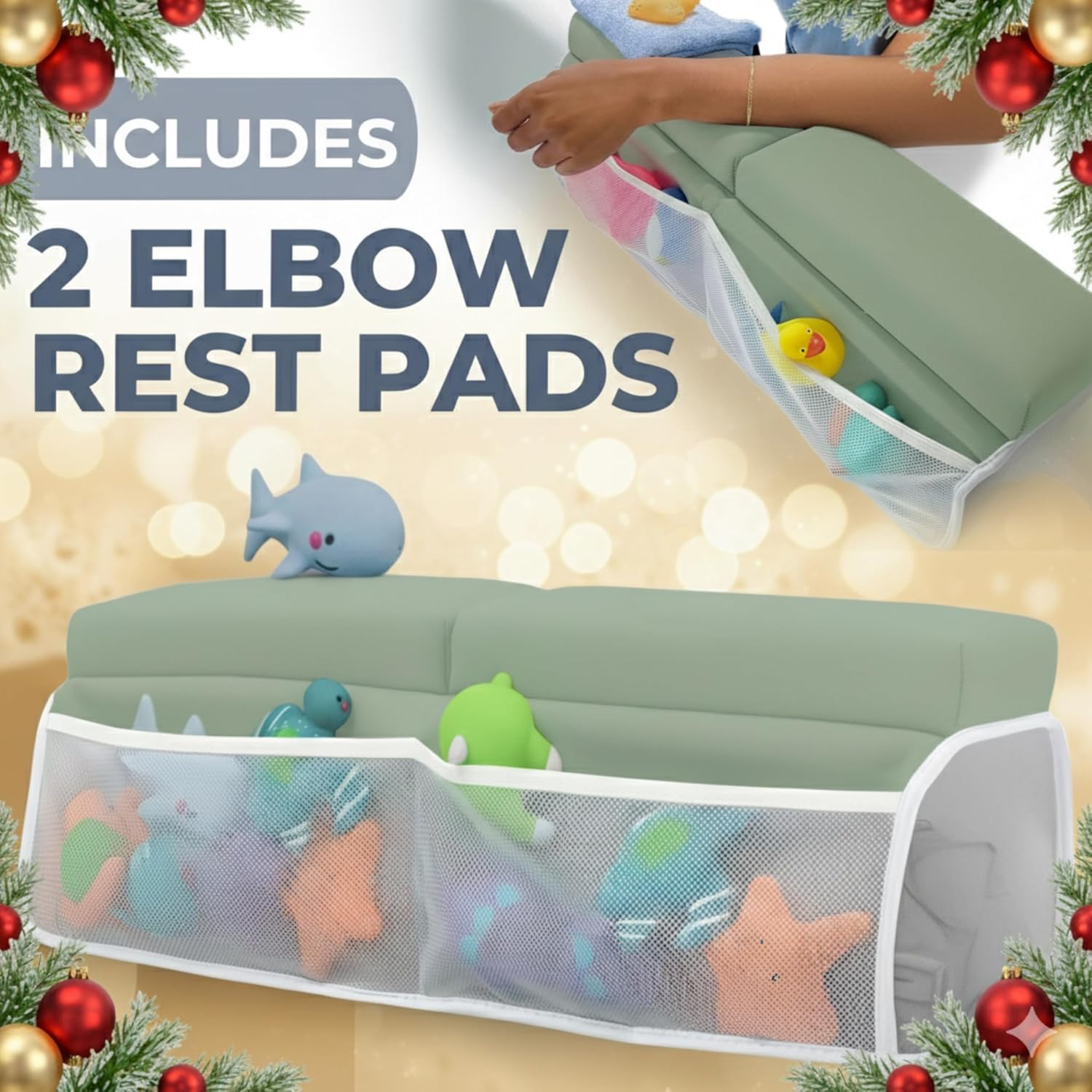 Comfortable Baby Bath Kneeler and Elbow Rest Pad Set &ndash; Thick Memory Foam Bath Kneeling Pad with Elbow Support &ndash; Baby Bathtub Cushion with Toy Organizer for Bathing Infant or Toddler - Green image number 2