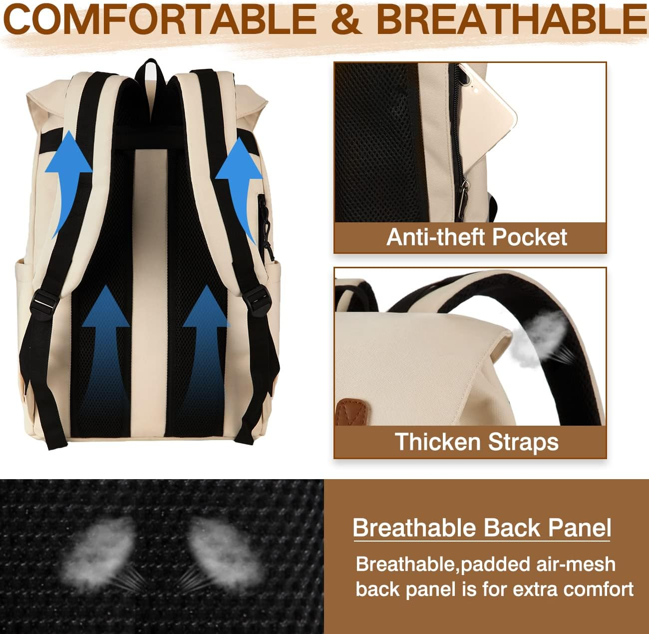 Backpack for Men Women,Vaschy Vintage Casual School Daypack Lightweight Camping Rucksack Travel Backpack Bookbag With15.6In Laptop Sleeve Light Camel image number 1