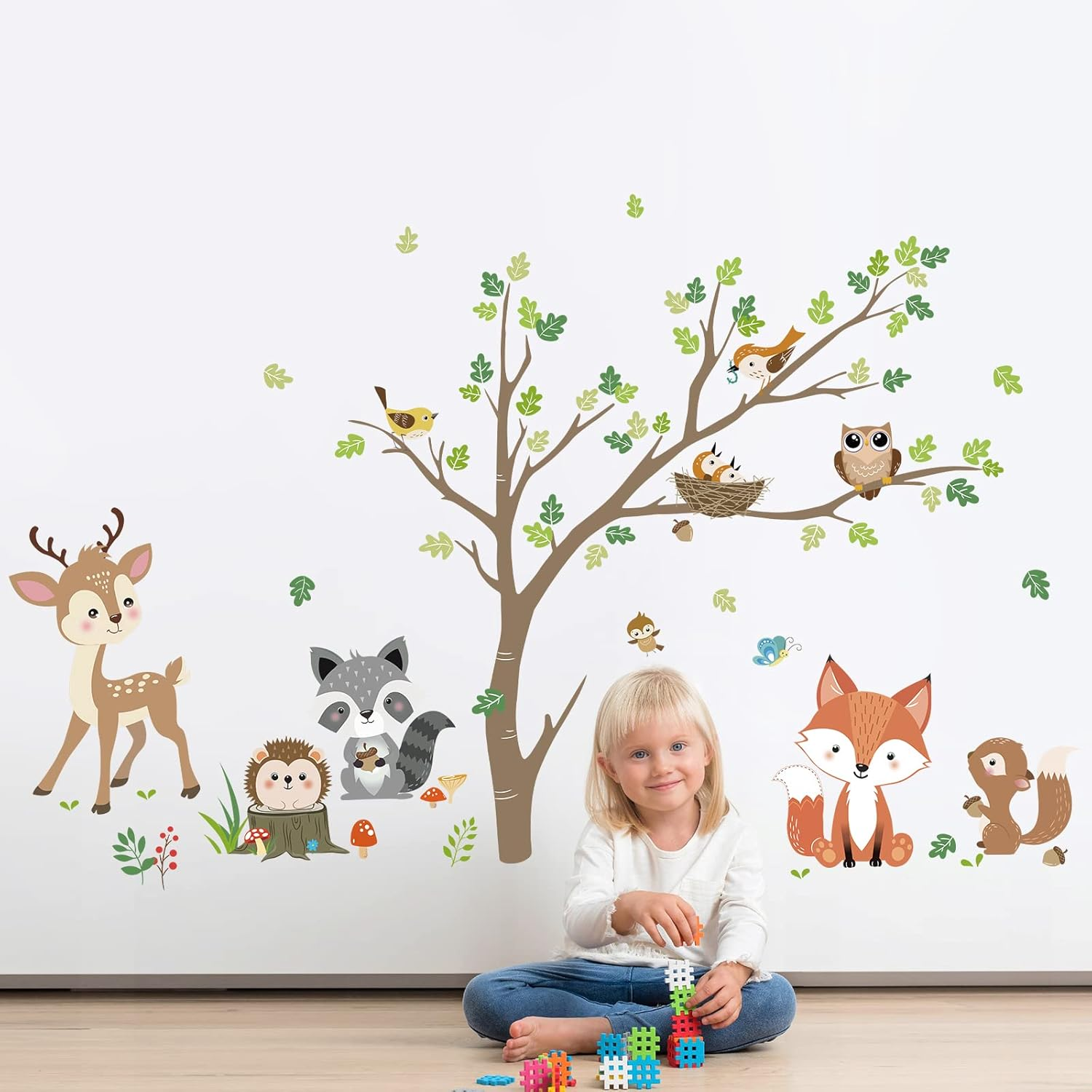 Decalmile Woodland Animals Tree Wall Stickers Fox Deer Owl Wall Decals Baby Nursery Kids Bedroom Living Room Wall Decor,Dm0936B image number 1