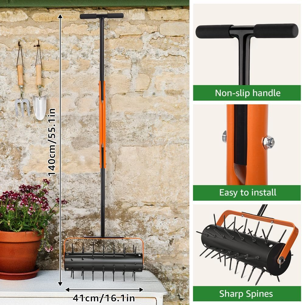 Rolling Lawn Aerator, Heavy Duty Manual Aerator Tool with Spikes, Lawn Spike Aerator Roller with Handle,Filled Sand Stone Soil Lawn Aeration for Maintaining Garden Yard Soil image number 1