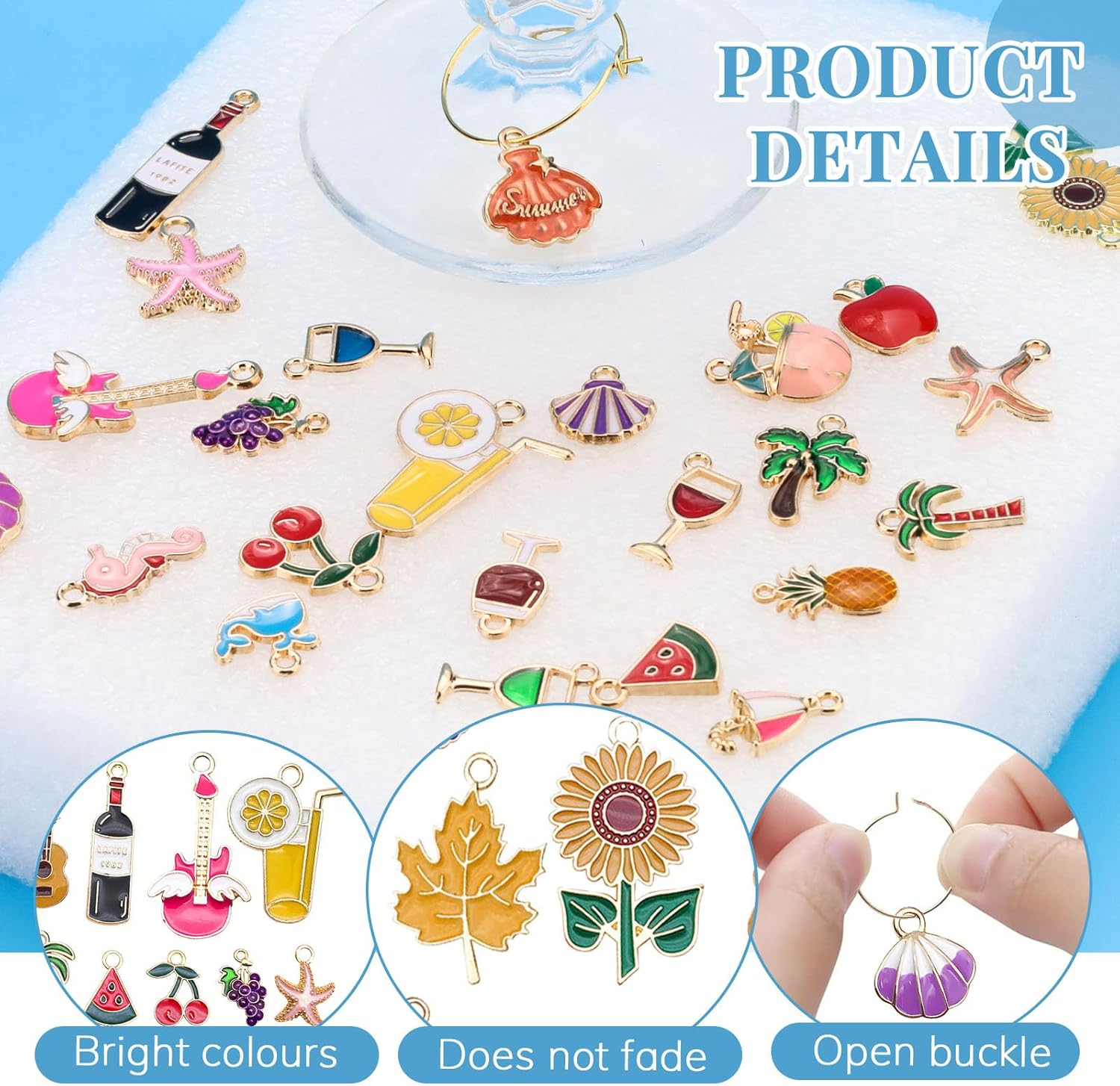 30Pcs Wine Glass Charms, Wine Charms for Stem, Glasses Markers with Gold Rings, Beach Style Drink Identifier Tags for Party Supplies, Wine Tasting image number 1