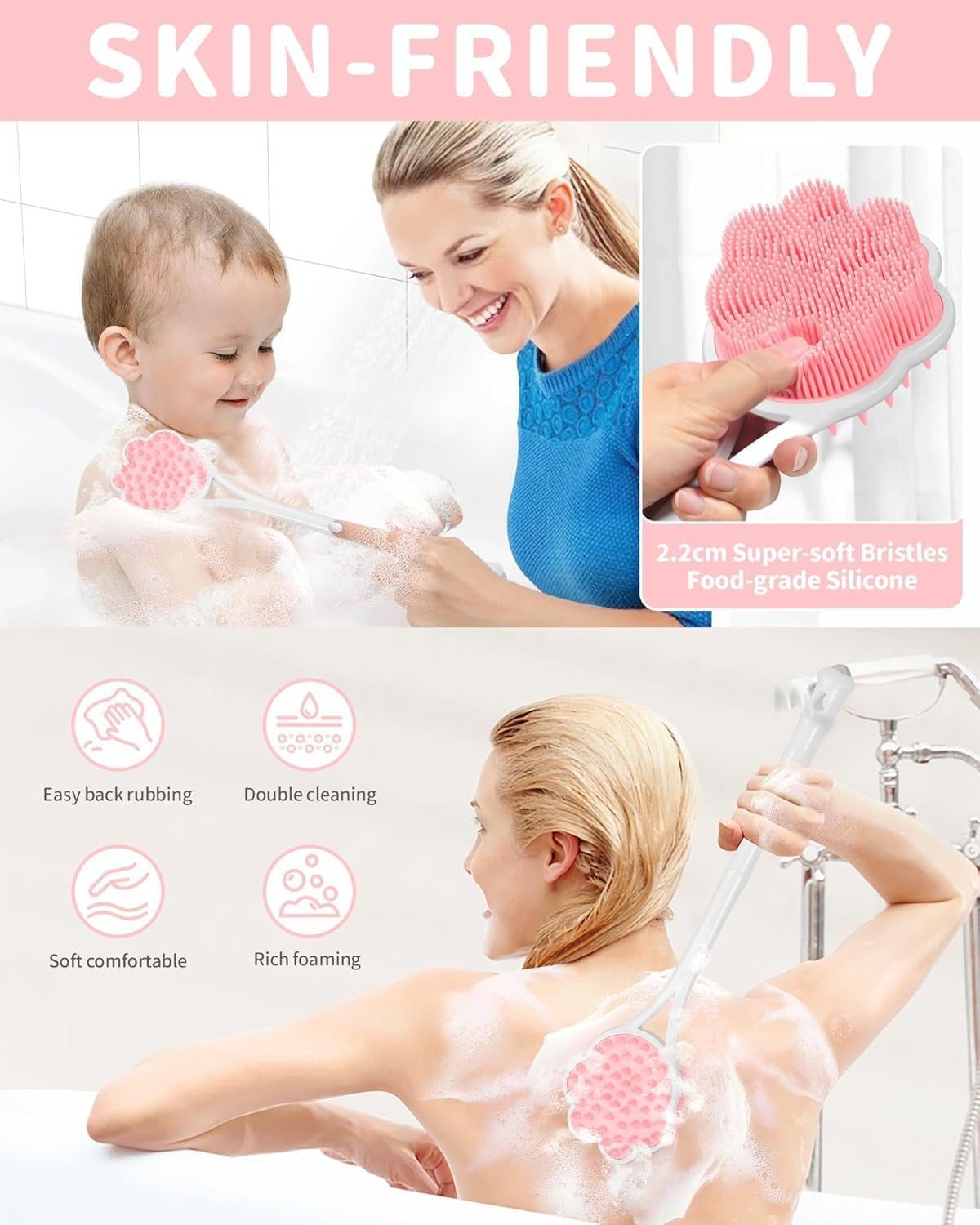 15.7 - Inch Long - Handle Silicone Back Brush, a Dual - Purpose Back Brush for Showering with Ultra - Soft Silicone Bristles, It'S a Bear - Shaped Body Shower Brush That Can Be Hung to Dry Ideal for Scrubbing the Back and Suitable for Sensitive Skin (Pink) image number 5