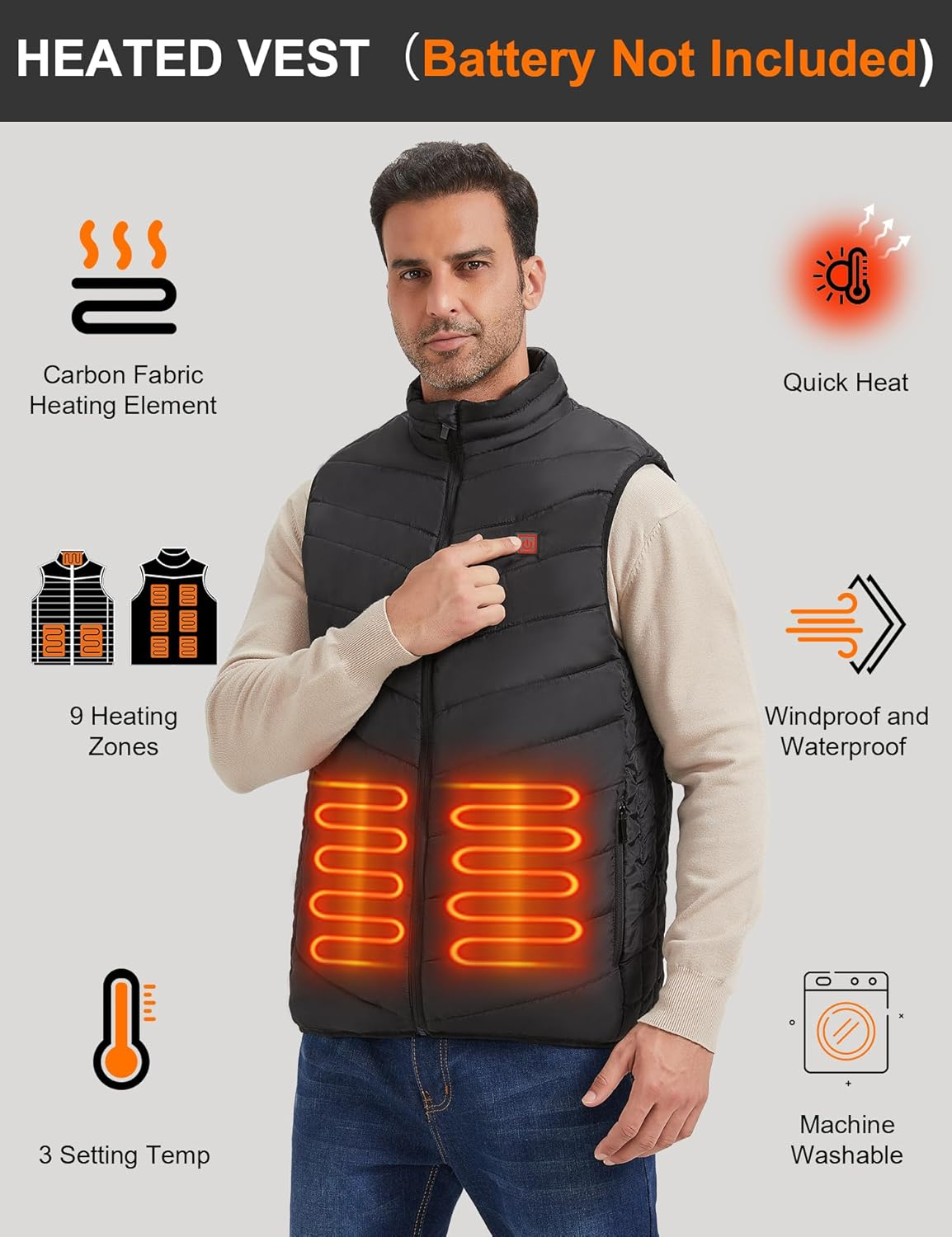 Heated Vest without Battery Pack with 9 Heating Elements,Heated Body Warmer, Electric USB Rechargeable Winter Thermal Vest for Outdoor Riding Camping Hiking image number 4