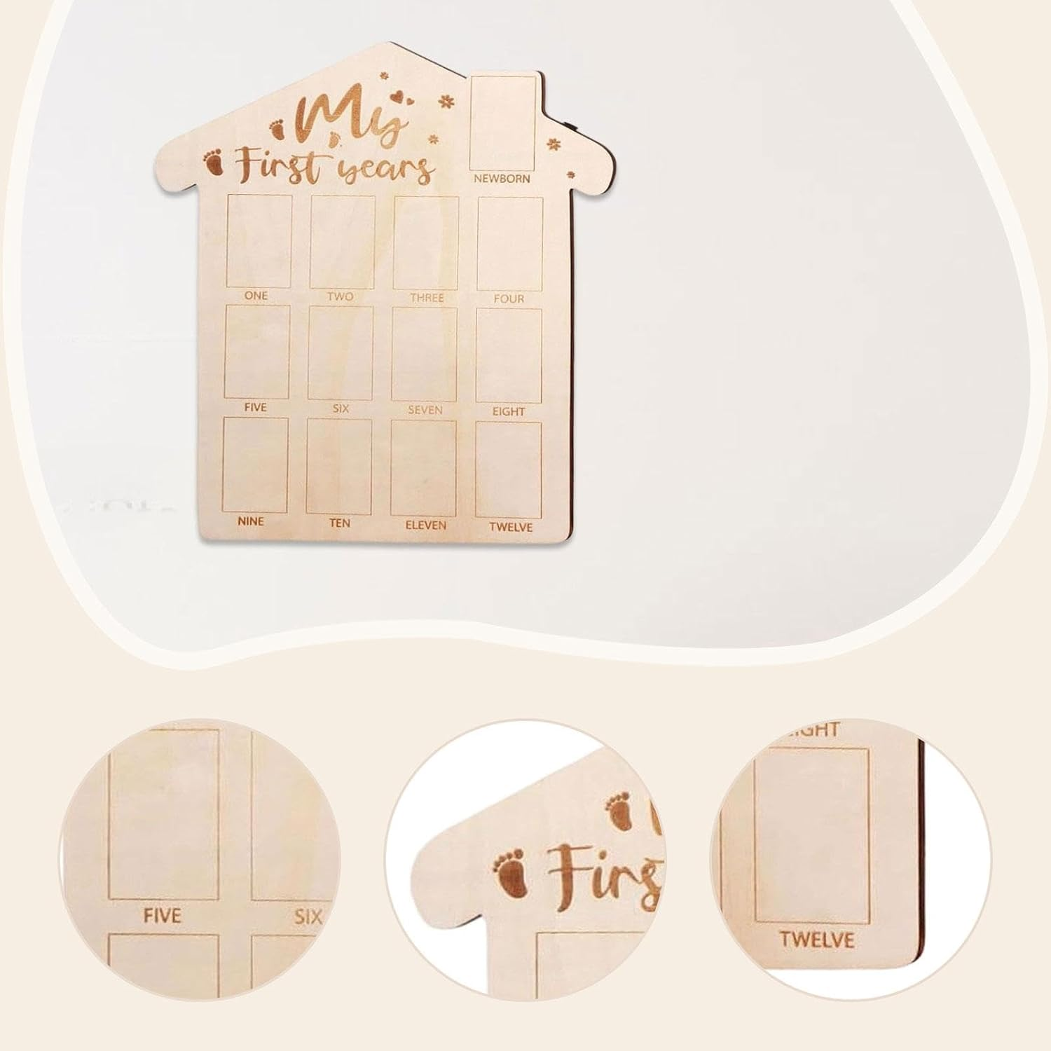 Oshhni Baby First Year Picture Frame Baby Childhood Keepsake Board Hanging Wooden Picture Board for Home Walls Reception Mantelpiece image number 5