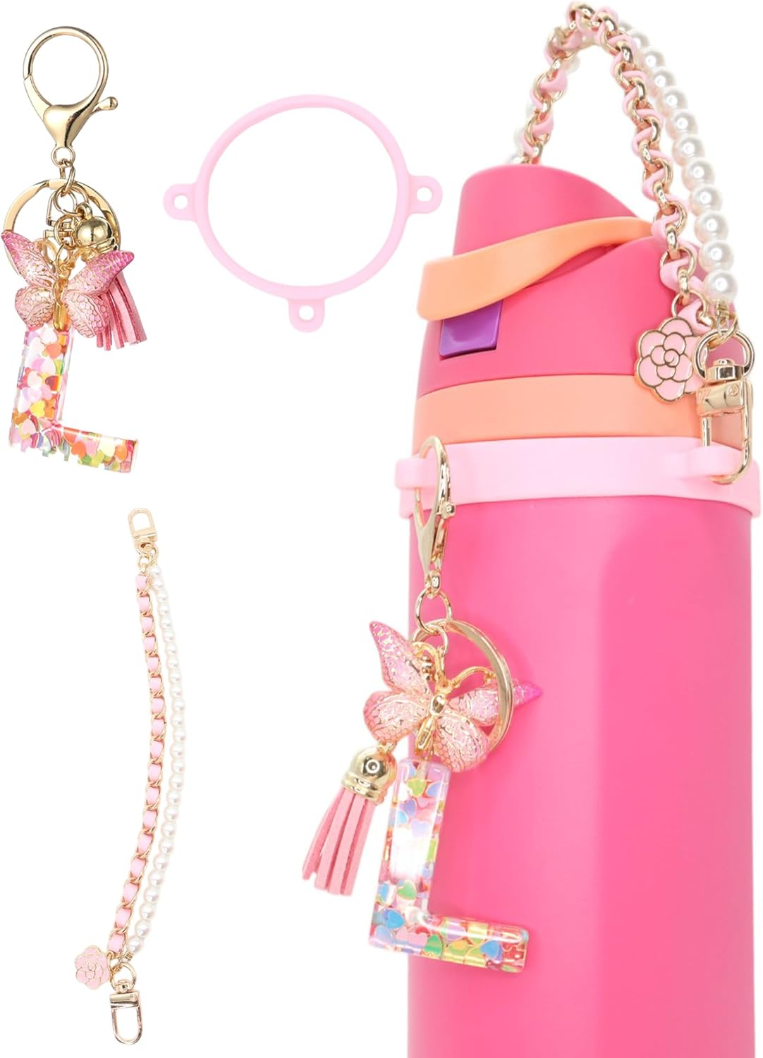 TOVICE Letter Accessories for Owala Water Bottle 24-40Oz, 3PC Cute Initial Keychain & Water Bottle Handle Strap with a Thick Elastic Silicone Ring Holder