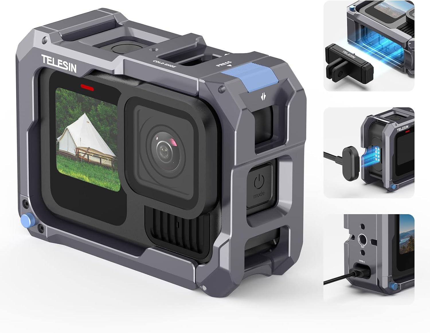 TELESIN Aluminum Cage Protective Case for Go Pro Hero 13, Black, Fits Go Pro with ND CPL Lens Filter, Max Lens on Camera, with Cold Shoe Mount to Video Light Microphone