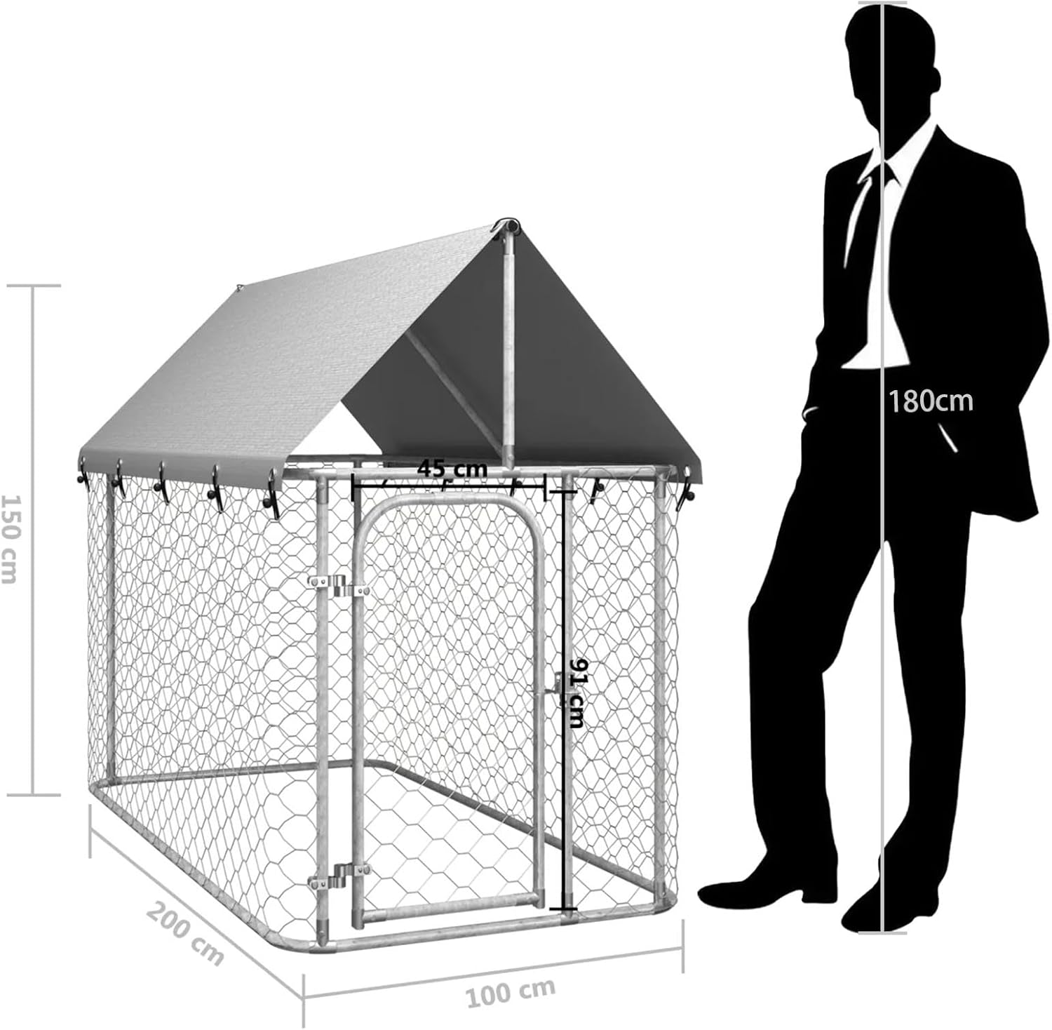 Outdoor Dog Kennel - Durable Galvanised Steel Construction with Safety Lock and UV Protected Canopy - Large Space for Exercise and Play (200 X 100 X 150 Cm) image number 4