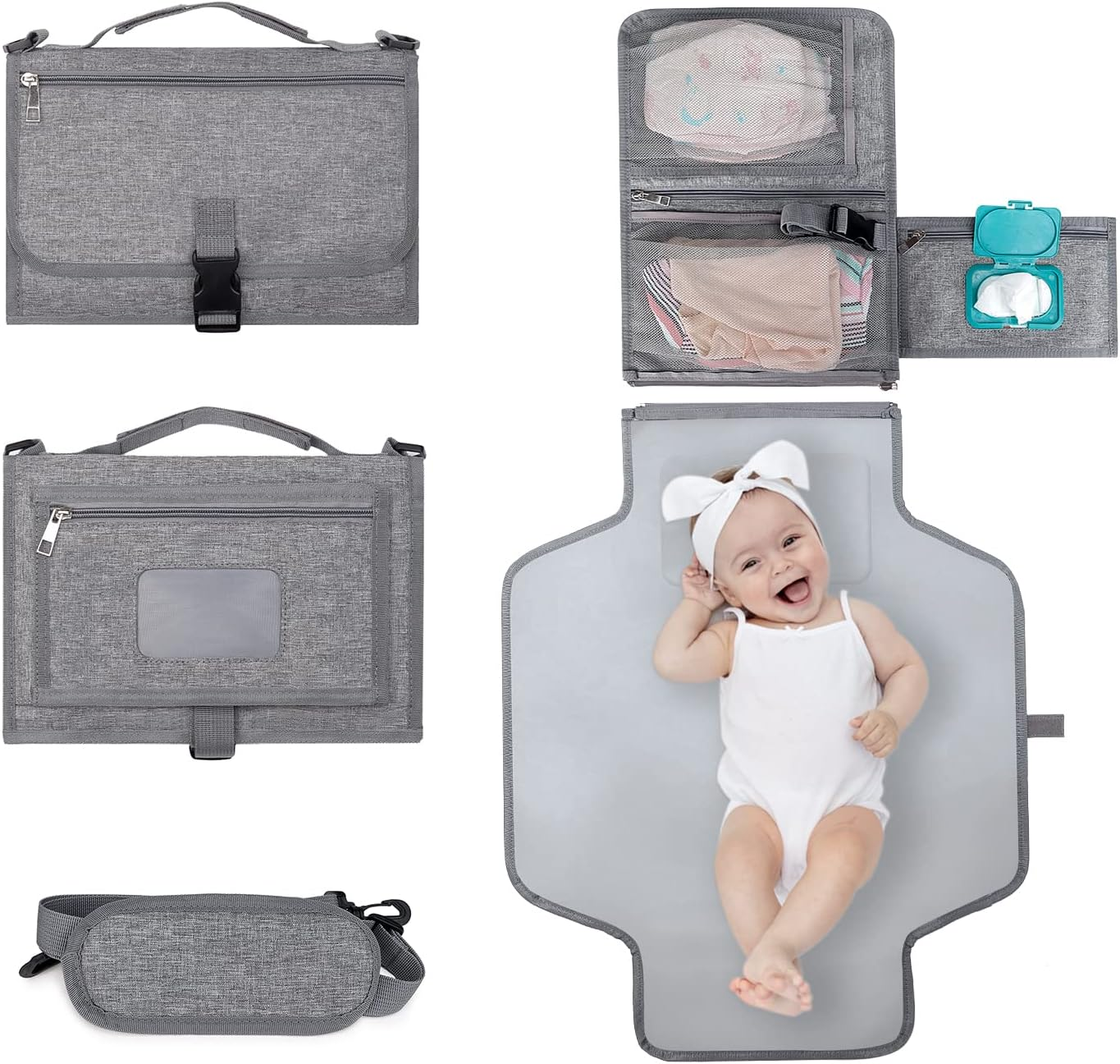 Portable Diaper Changing Pad, Baby Changing Mat with Smart Wipes Pocket, Waterproof Changing Station Kit, Portable or Shoulder，Foldable Changing Pad for Baby Shower, Travel, Walking image number 4