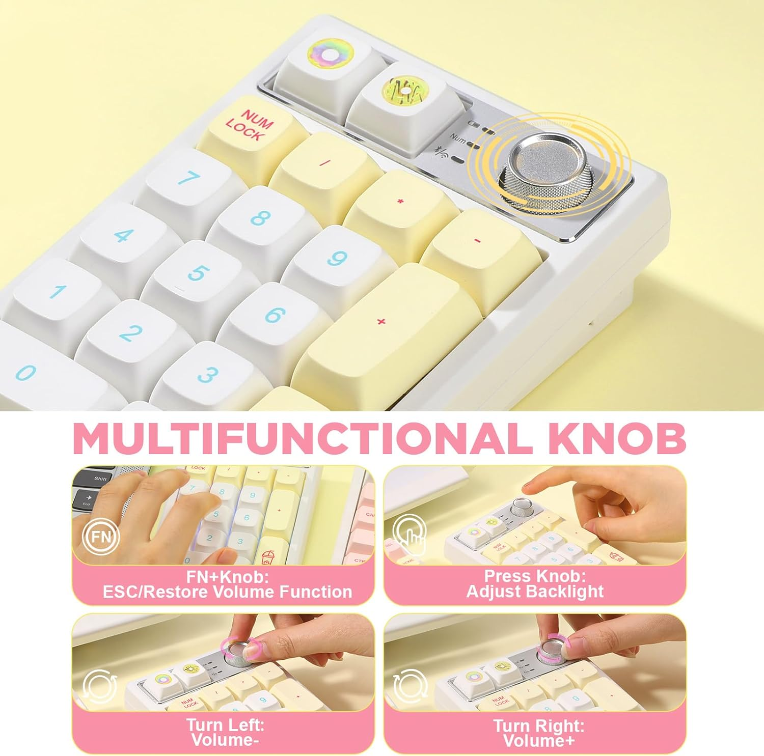 YUNZII YZ19 Wireless Mechanical Number Pad,19 Keys Numeric Keypad with Knob, RGB Gasket PBT Keycaps Hot Swappable Programmable Keyboard, Number Keypad for Laptop/Tablet/Pc/Mac/Win (Macaron Brown) image number 6