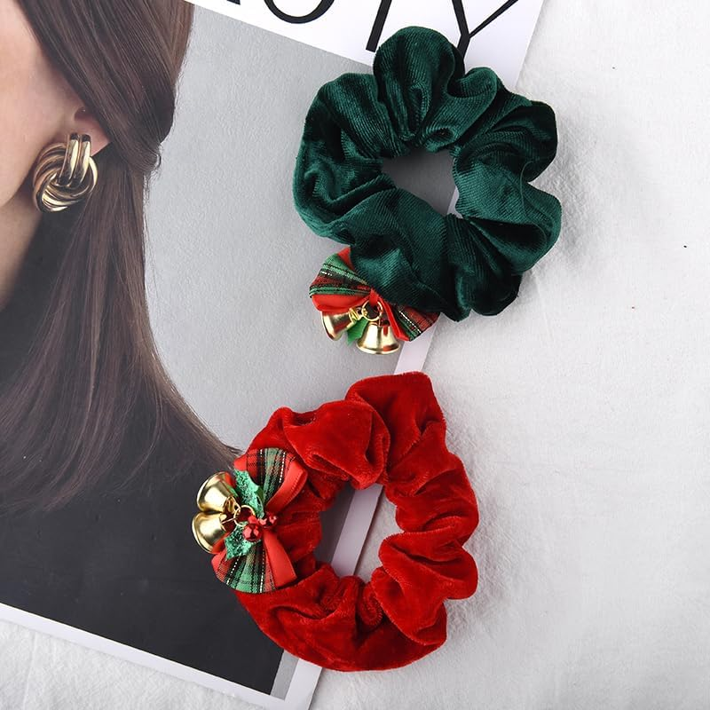 Xmas Christmas Hair Scrunchies for Women Holiday Christmas Hair Ties Christmas Hair Bands Accessories for Women'S Hair Red Green Hair Scrunchie Bell Christmas Ponytail Holder Bow Tip Hair Ties 2Pcs image number 2