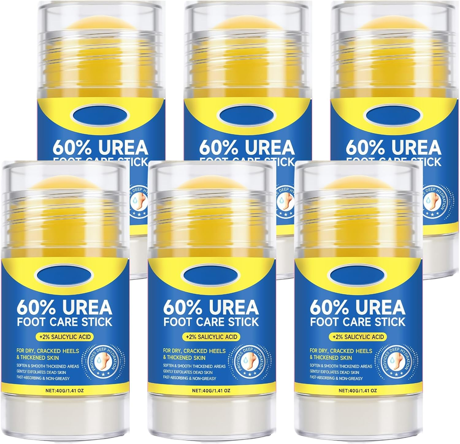 Urea Cream Stick 60% + 2% Salicylic Acid, Exfoliating & Moisturizing Foot Care Stick for Dry Cracked Feet, Hands, Knees & Elbows, Callus Remover & Skin Softener, Fast Absorbing Hydrating Balm (4Pcs)