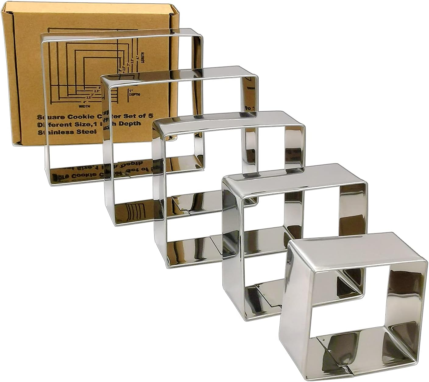 Square Cookie Cutter Set-5 Pack Stainless Steel Square Biscuit Molds Fondant Cake Cookie Cutter Set Pastry Mold-2",2.5", 3", 3.5",4" image number 1