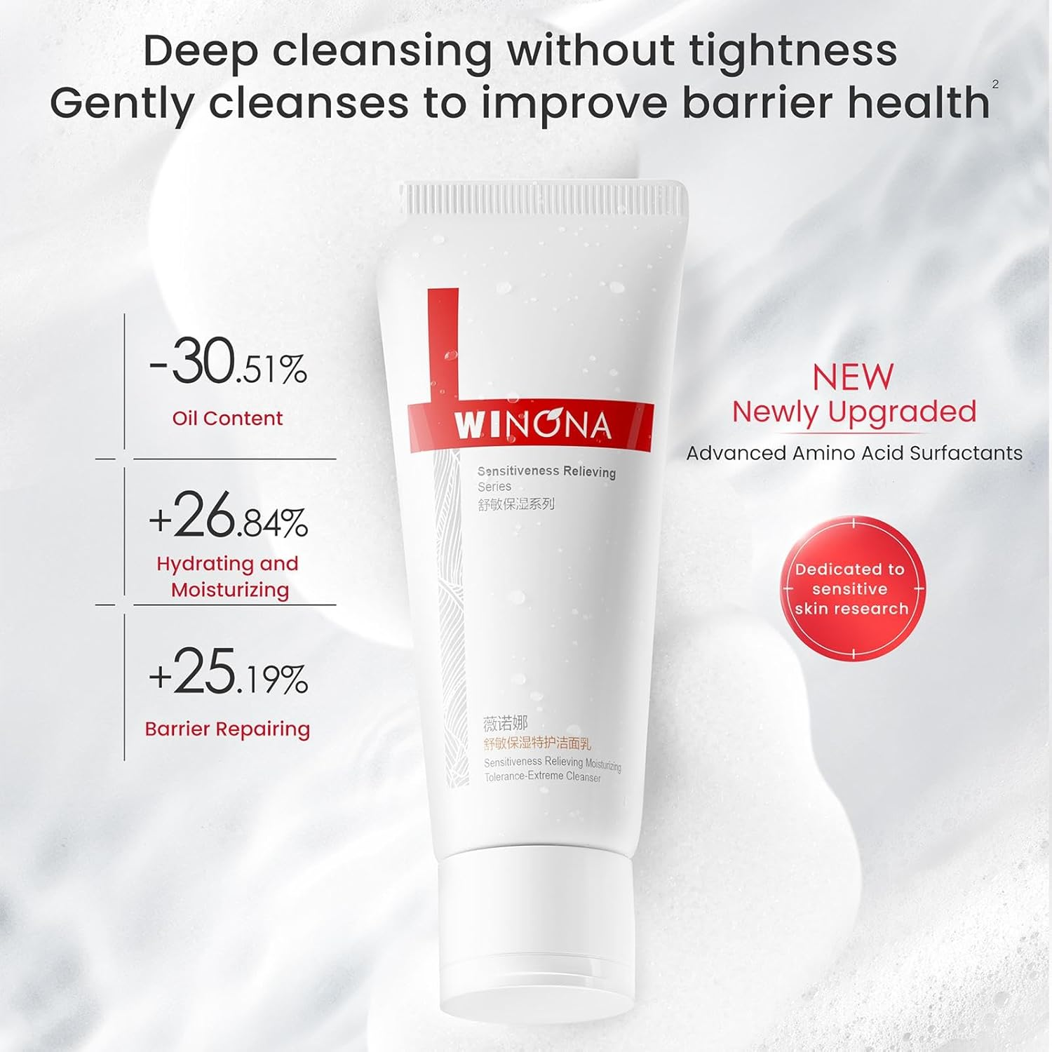 WINONA Facial Cleanser 100G,Sensitiveness Relieving Moisturizing Tolerance-Extreme Cleanser for Sensitive Skin,Soothes Redness & Dryness,Face Wash Foaming with Glycerin & Hyaluronic Acid,Dual Moisture image number 1