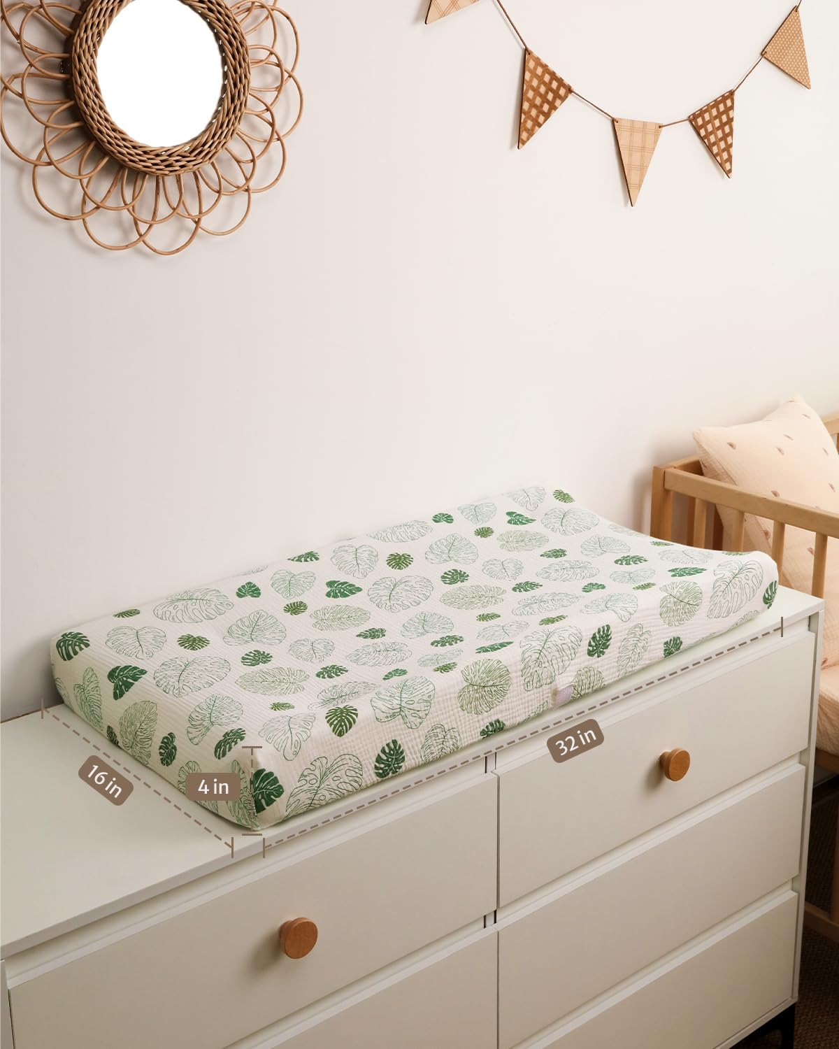 Blissful Diary Muslin Changing Pad Cover for Girls Boys, Ultra Soft Breathable Cotton, Baby Diaper Change Table Pad Covers, 2Pack (Monstera Leaves&Dark Green)