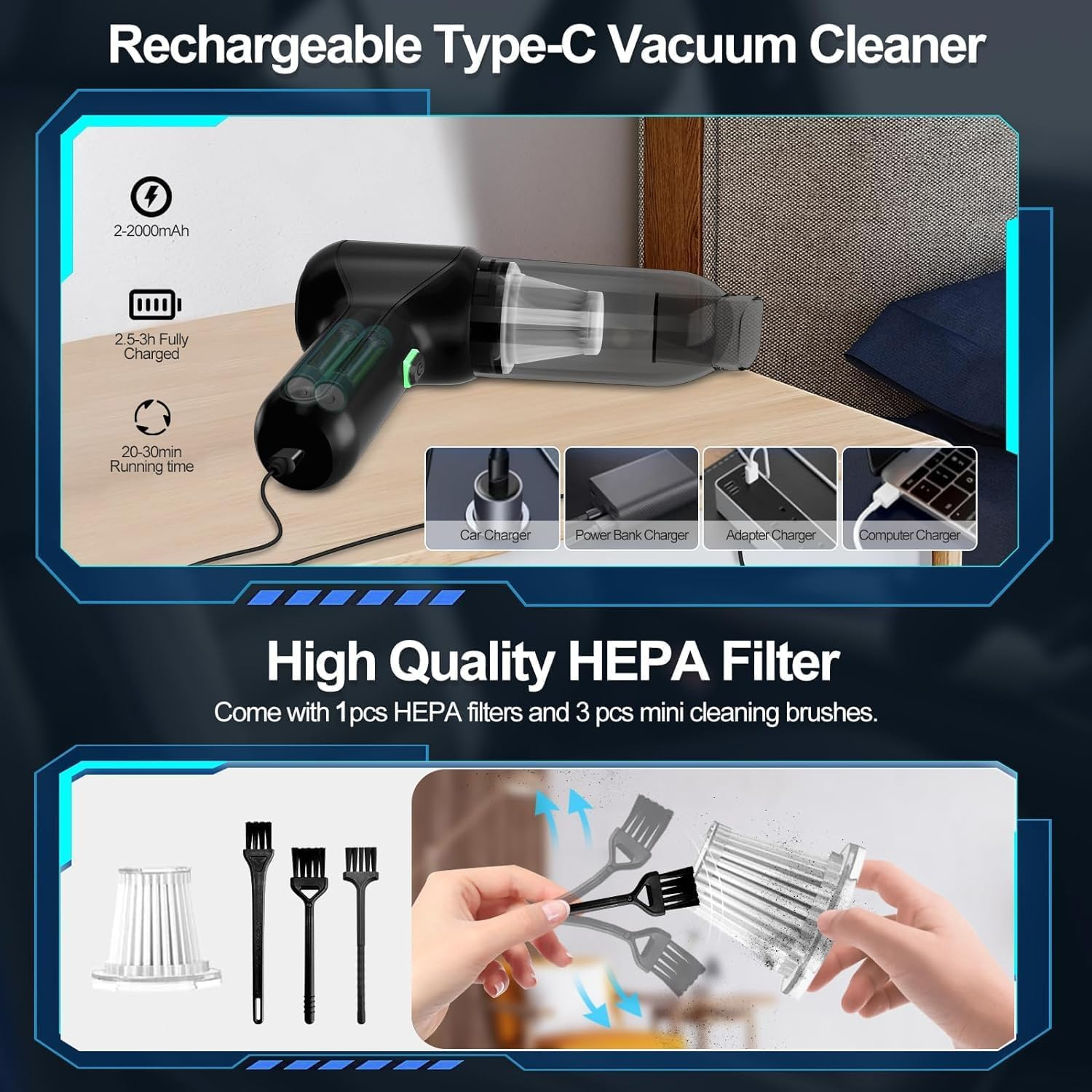 Handheld Car Vacuum Cleaner, 18000PA Suction, Cordless Rechargeable, Type-C Charging, 3-In-1 Design image number 3