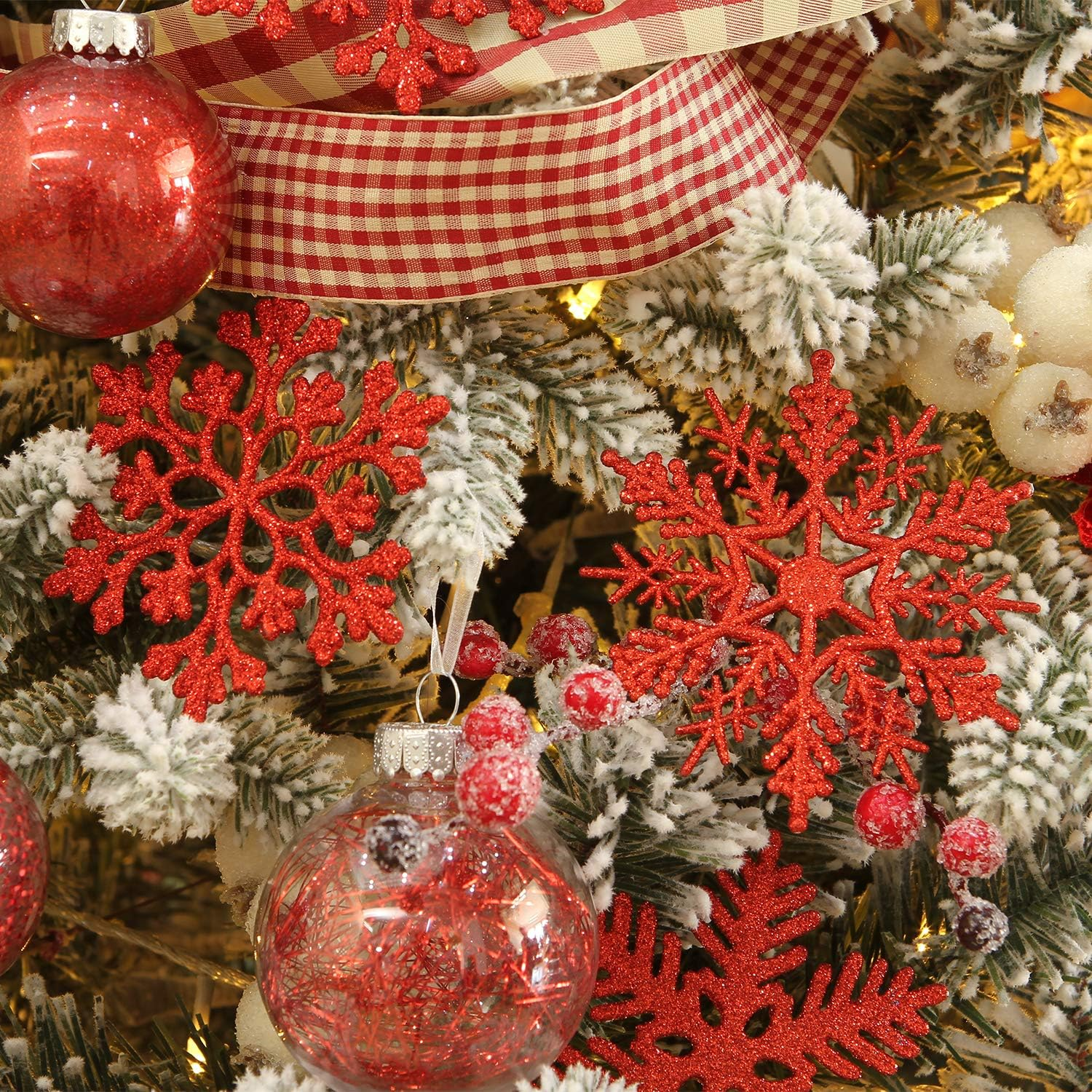 Sea Team Plastic Christmas Glitter Snowflake Ornaments Christmas Tree Decorations, 4-Inch, Set of 36, Red image number 2