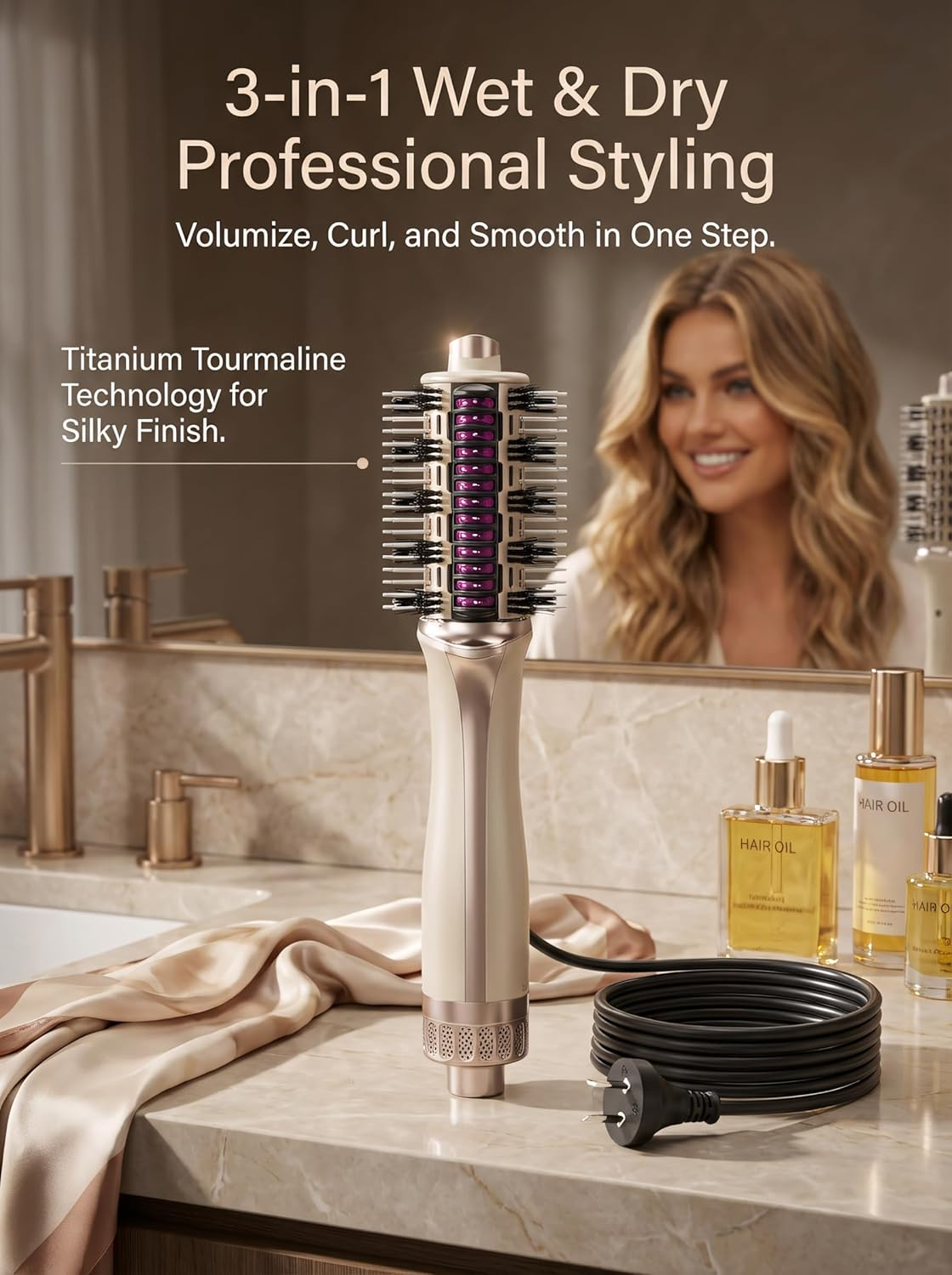 3-In-1 Heated Comb, Suitable for Both Dry and Wet Hair, Dual-Mode Design, Titanium-Coated Tourmaline Material, 4 Heat Settings, Suitable for All Hair Types, Silky Finish, AU Plug, (Champagne Gold) image number 1