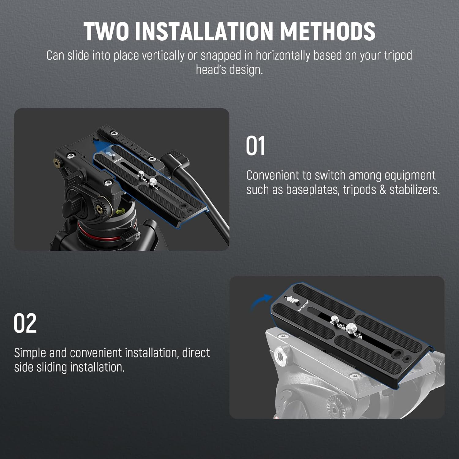 NEEWER 501PL Tripod Quick Release Plate Compatible with MVH500AH MVH502AH, 6.3"/16Cm Extended Camera Mounting Plate with 1/4" 3/8" Screws, anti off Pin for GM001 GM002 GM006 Fluid Heads, QR6 image number 3