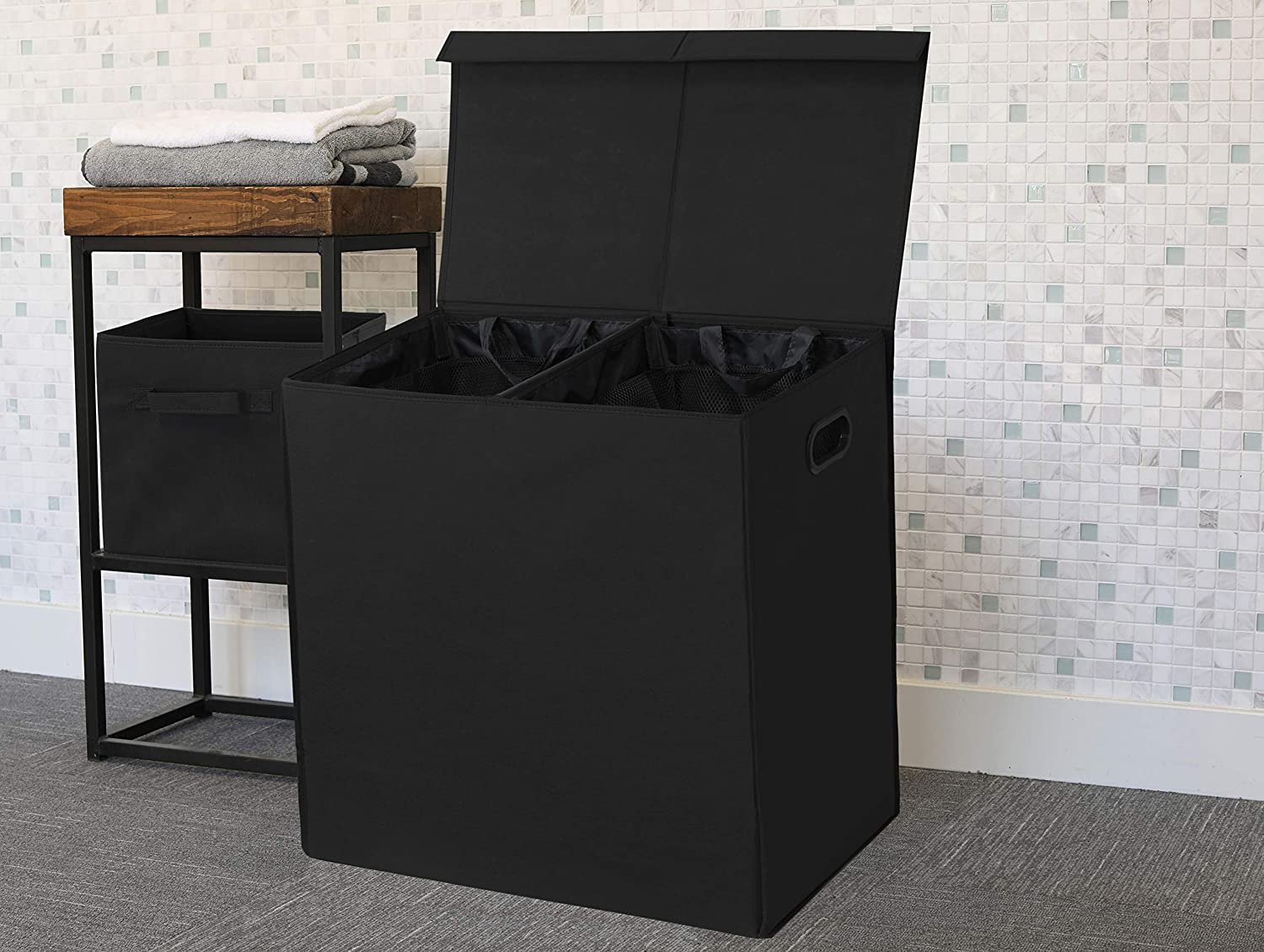 Simple Houseware 110L Double Laundry Hamper with Lid, Handle and Removable Laundry Bags, Black image number 2