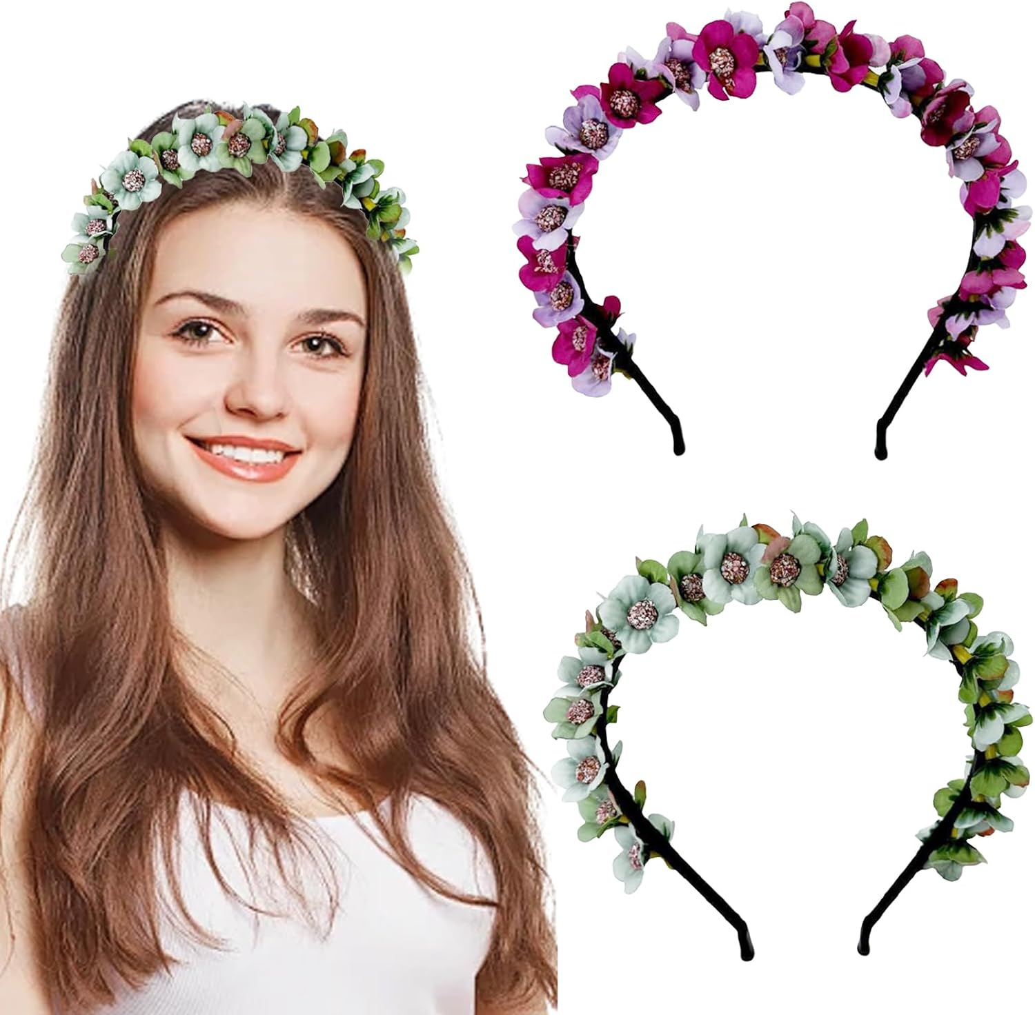 BSITSSS 2 PCS Floral Crown Flower Headband for Women Girls, Flower Crown Headband Crown Boho Floral Headpiece, Flower Garland Flower Hair Band Wreath Party Festival Hair Accessories (Pink, Green) image number 5